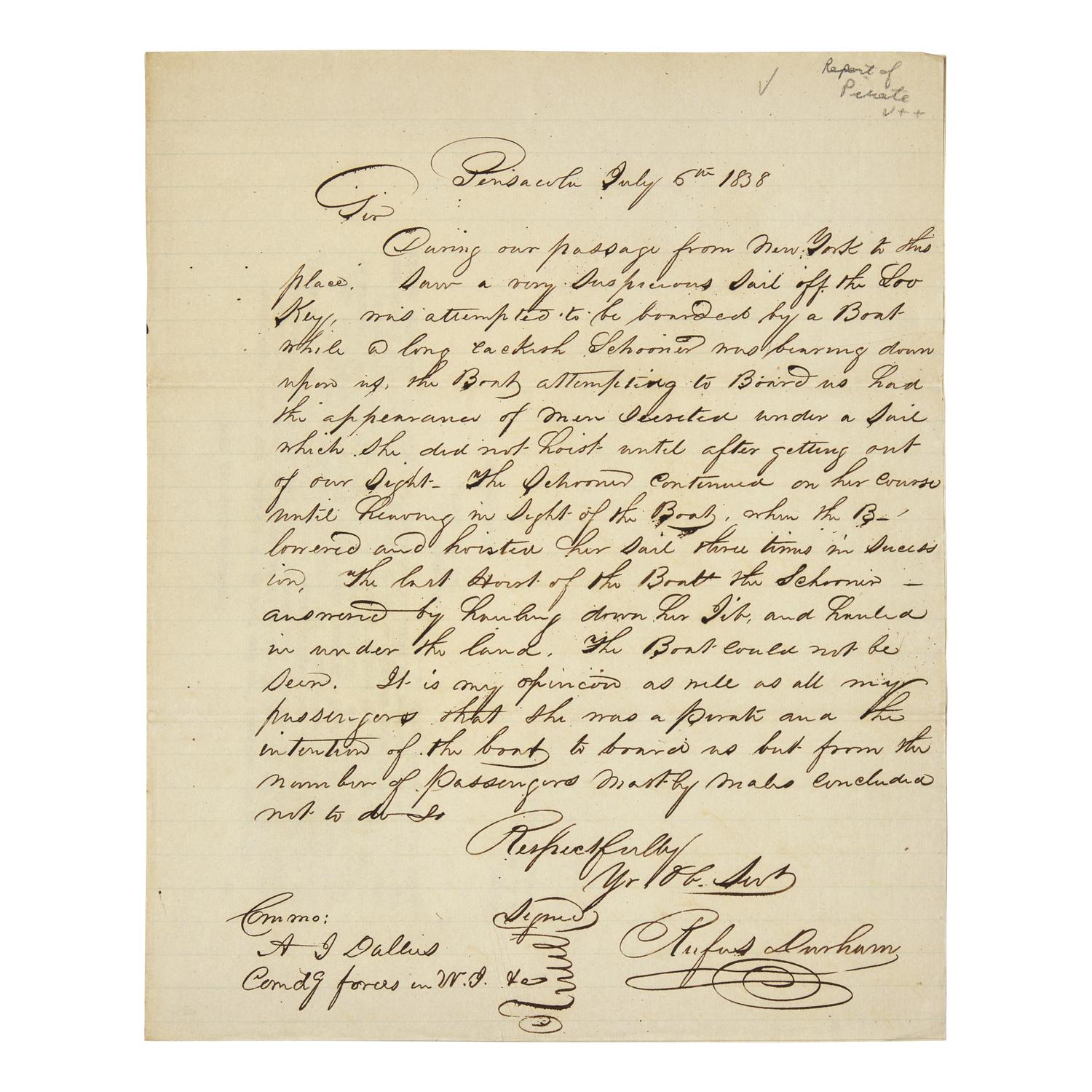 [Paulding, Hiram] [Pirates] MacIntosh, James M. Two Letters Reporting of Pirates