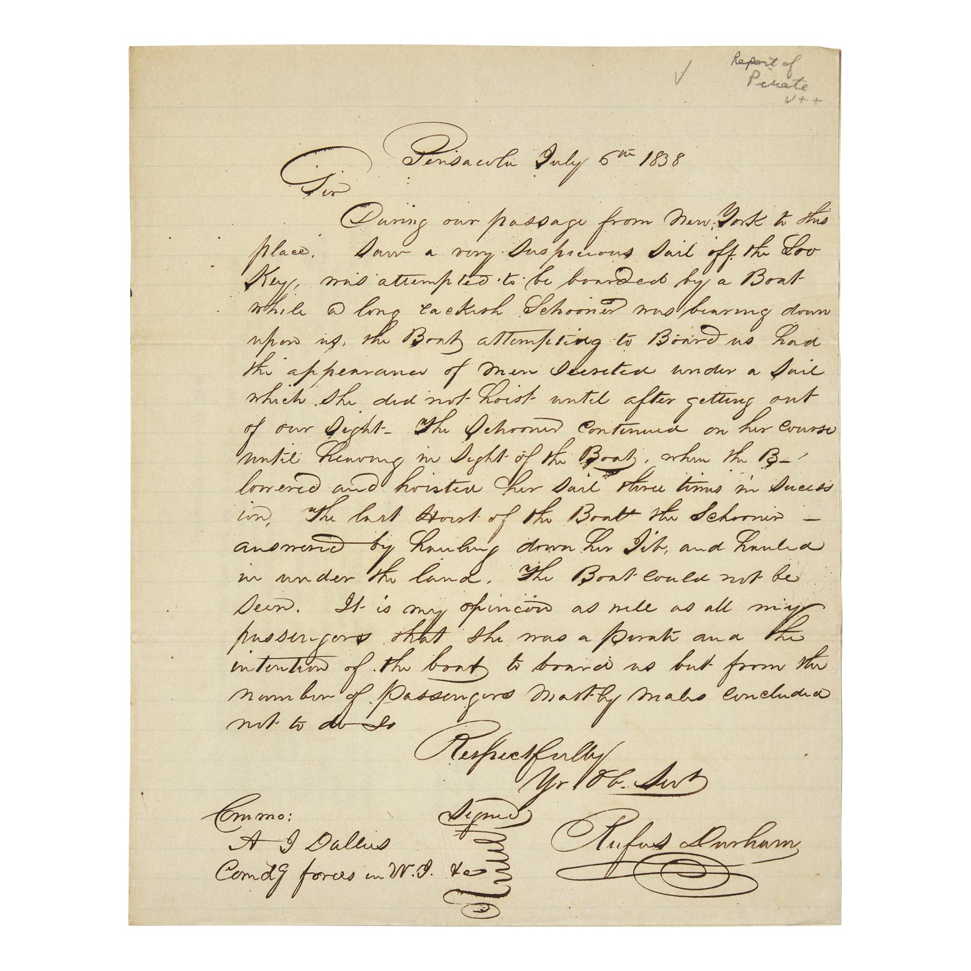 [Paulding, Hiram] [Pirates] MacIntosh, James M. Two Letters Reporting of Pirates