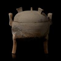 A Chinese Grey Pottery Vessel and Cover, Ding , Warring States Period 戰國 灰陶帶蓋三足鼎