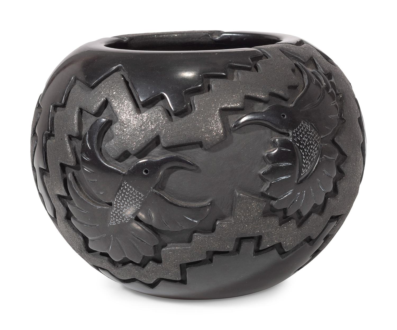 Carved Micaceous Blackware Bowl, with Hummingbirds