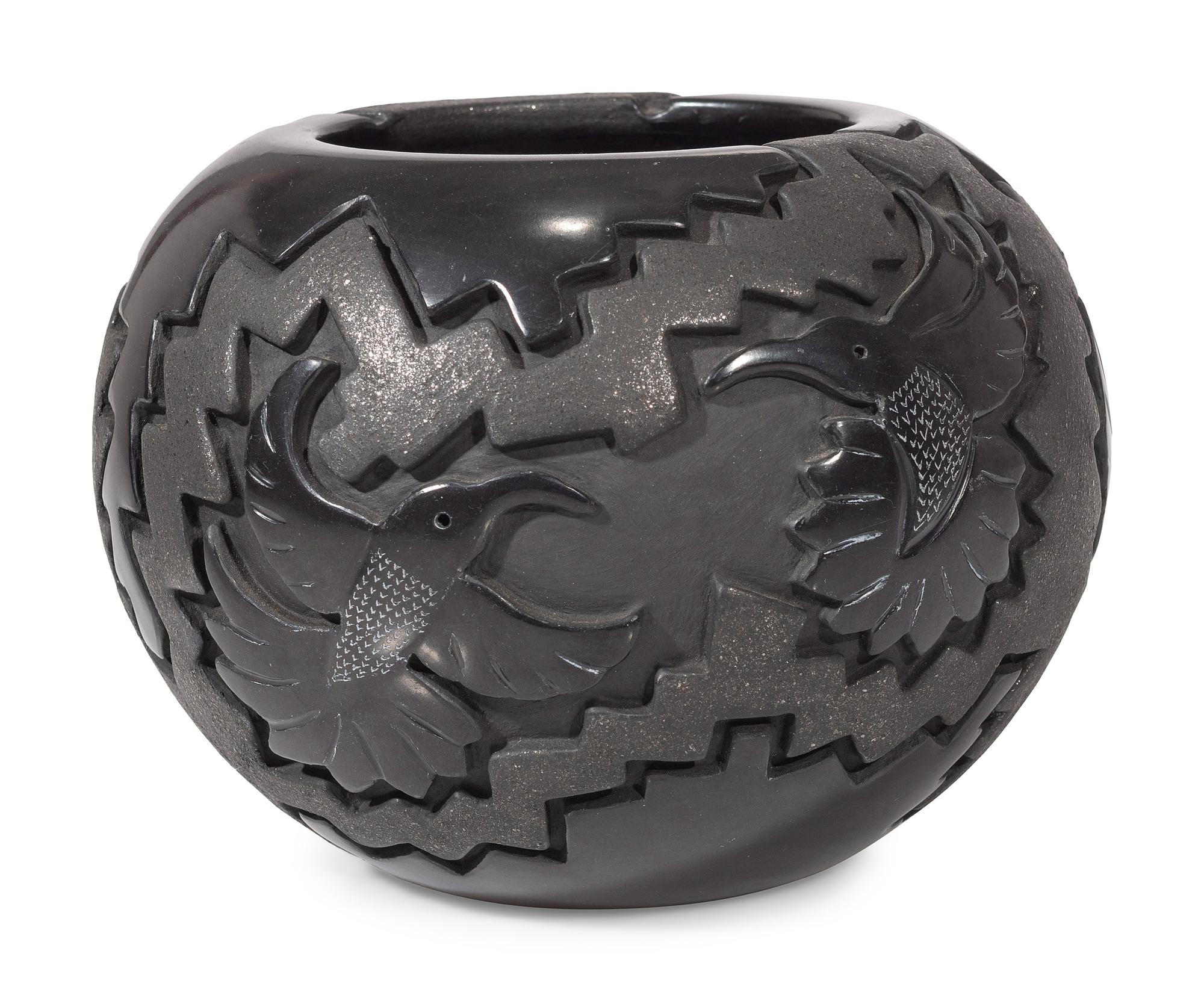 Carved Micaceous Blackware Bowl, with Hummingbirds