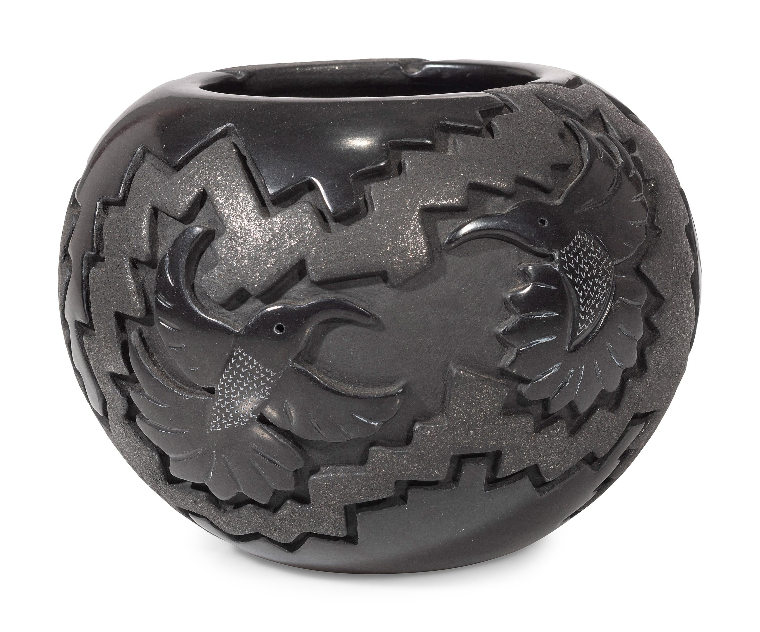 Carved Micaceous Blackware Bowl, with Hummingbirds
