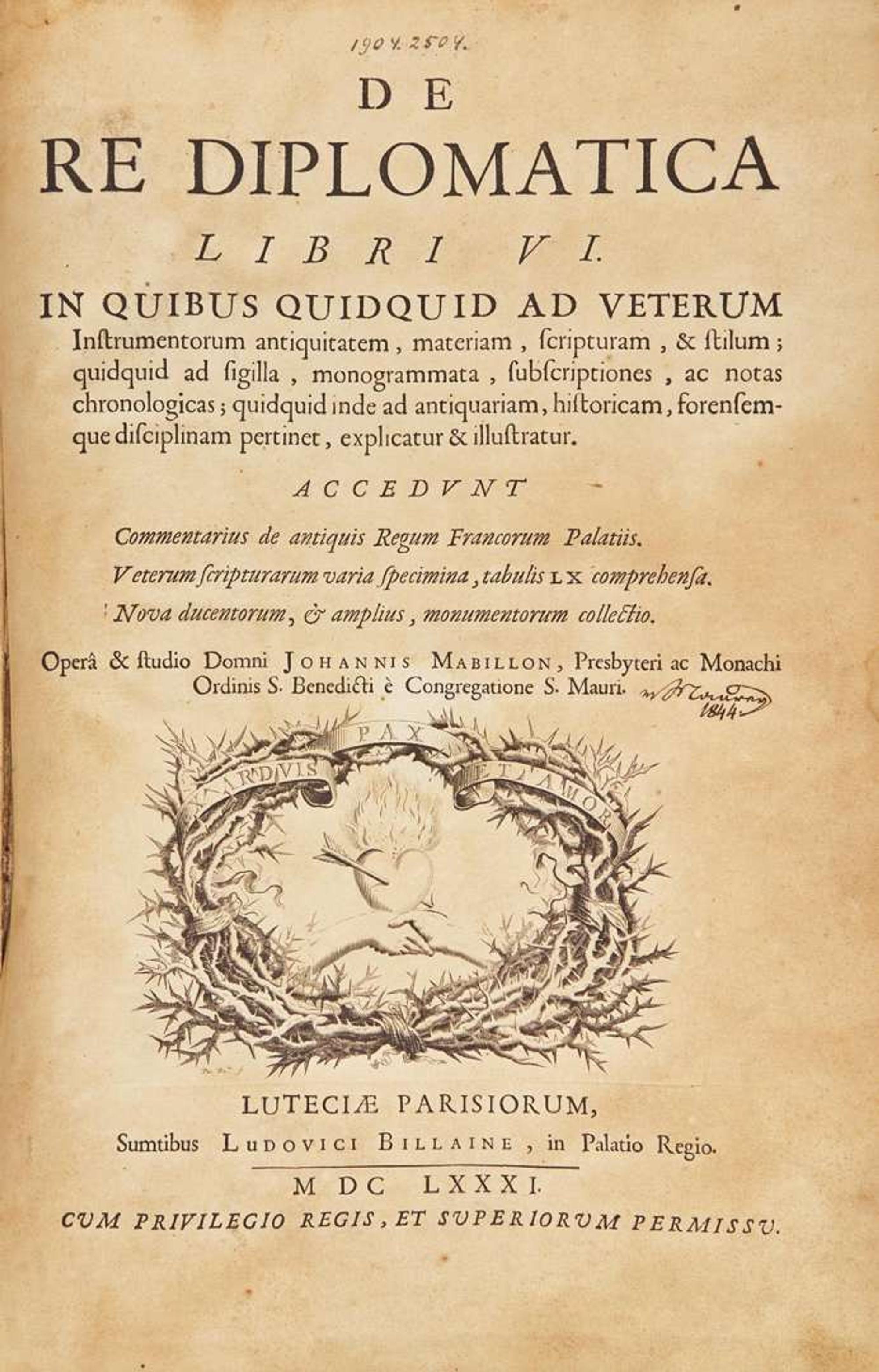 [Early Printing] Mabillon, Johannis: De Re Diplomatica Libri VI...