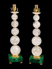 A Pair of Rock Crystal and Malachite Veneered Table Lamps