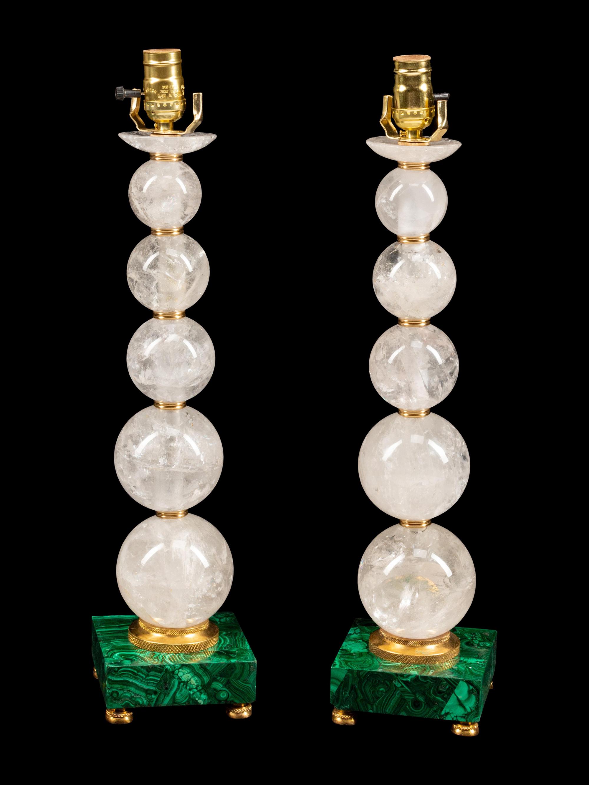 A Pair of Rock Crystal and Malachite Veneered Table Lamps