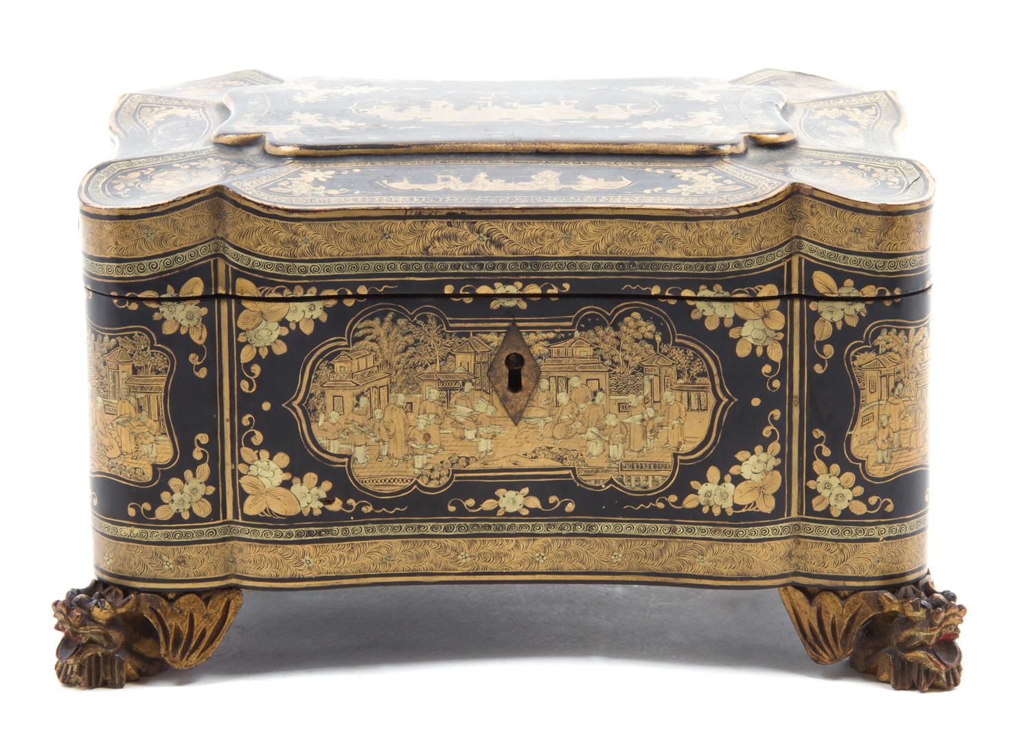 A Chinese Export Lacquered Tea Caddy Height 5 1/8 x width 8 3/4 x depth 6 1/4 inches. — 19TH CENTURY
