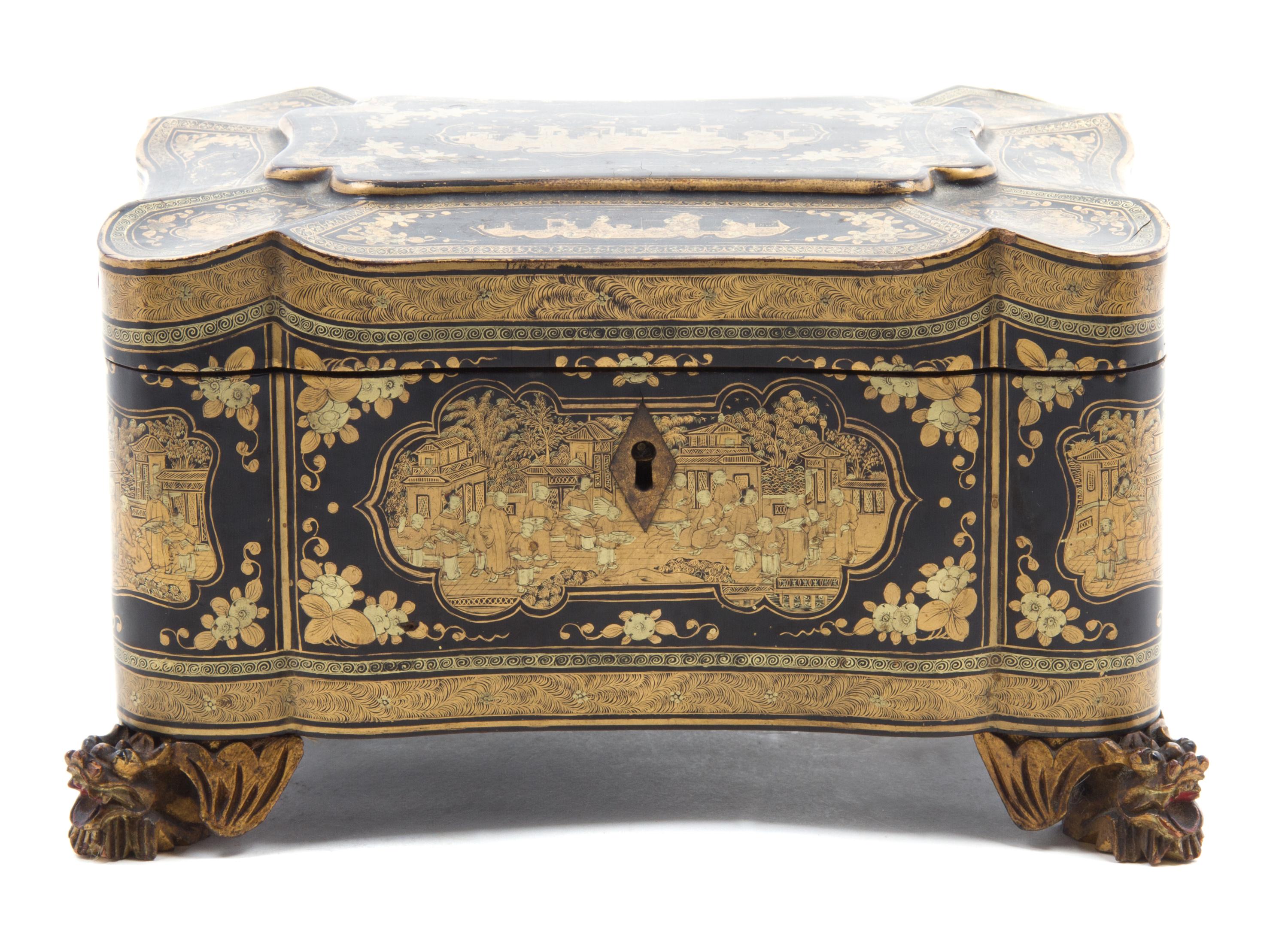 A Chinese Export Lacquered Tea Caddy Height 5 1/8 x width 8 3/4 x depth 6 1/4 inches. — 19TH CENTURY