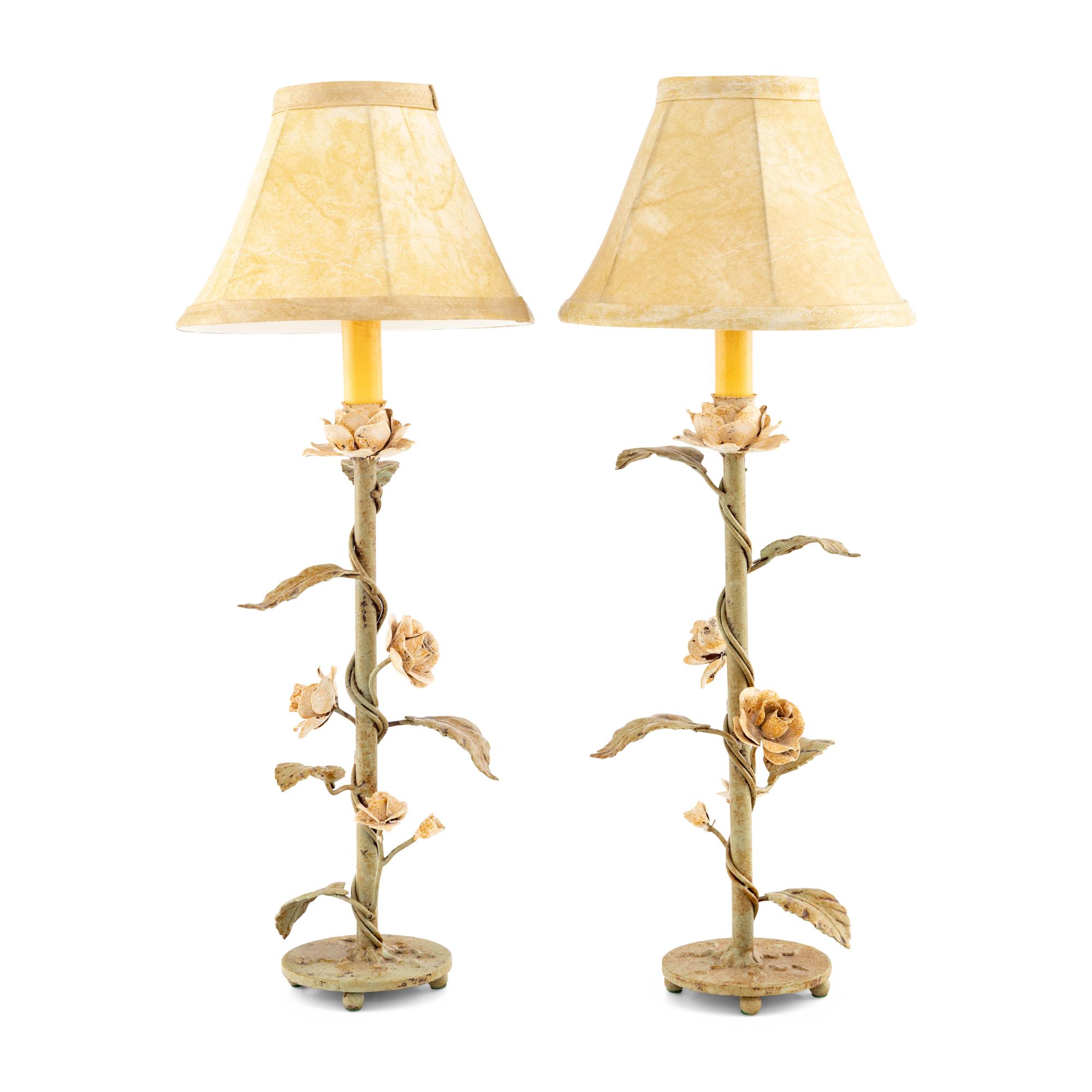 A Pair of Painted Tole Floral Table Lamps
