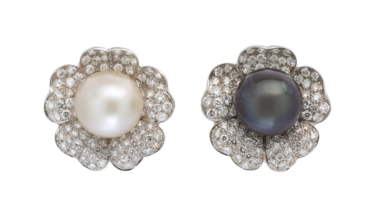 A Pair of 18 Karat White Gold, Cultured Pearl and Diamond Earclips, 18.90 dwts.