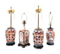 Four Imari Palette Porcelain Vases Mounted as Lamps