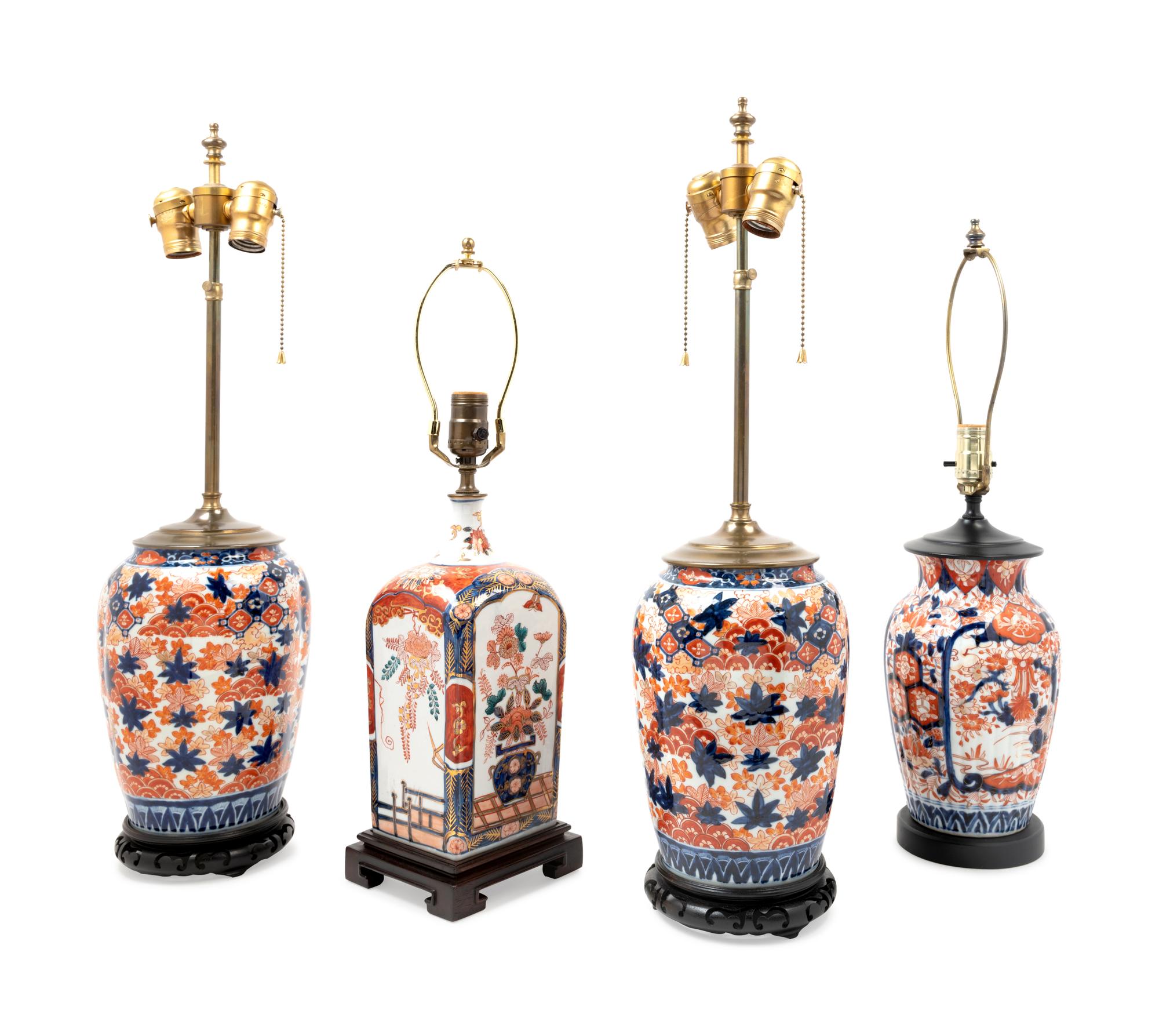 Four Imari Palette Porcelain Vases Mounted as Lamps