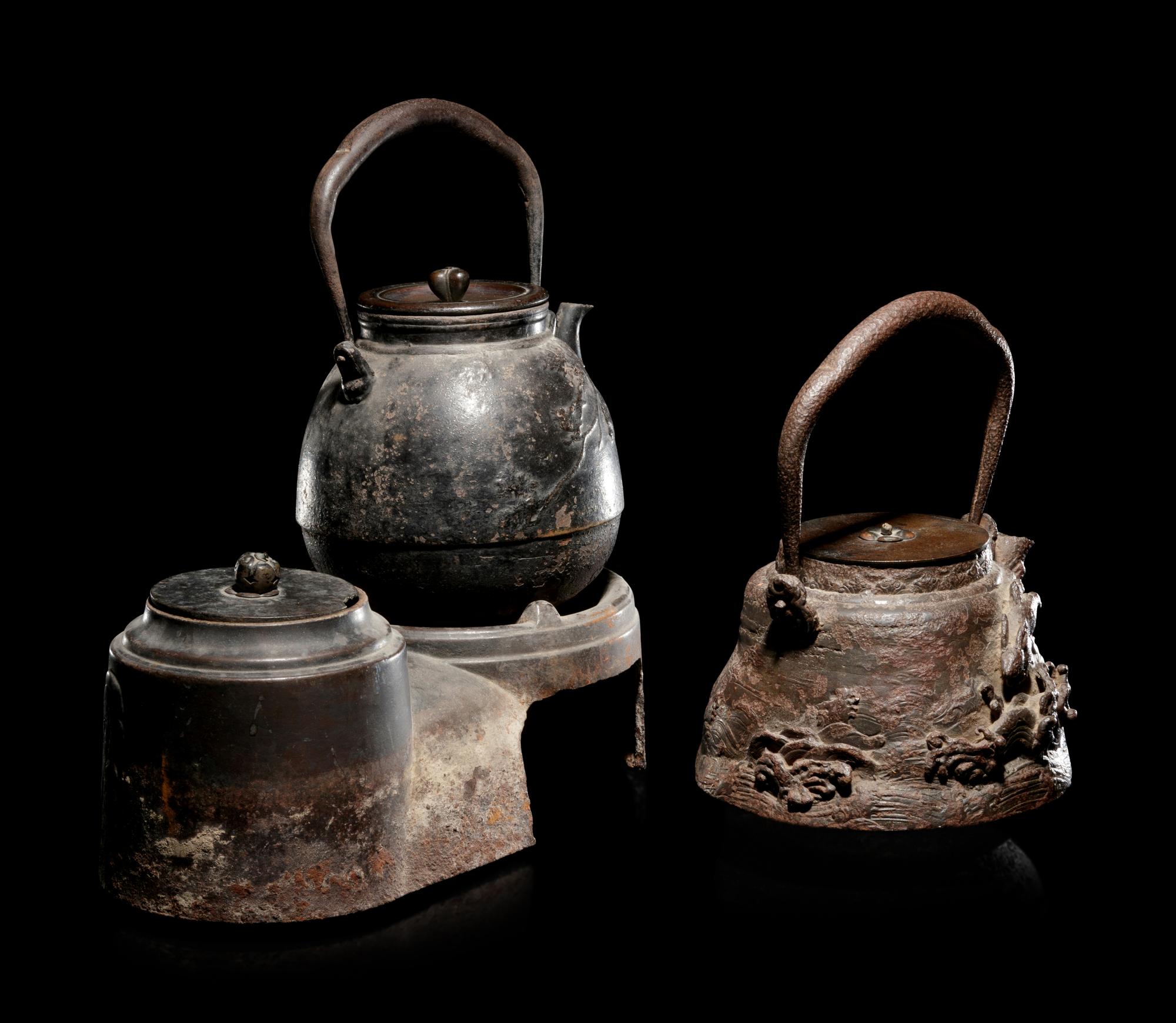 Four Japanese Cast Iron Teapots, Tetsubin