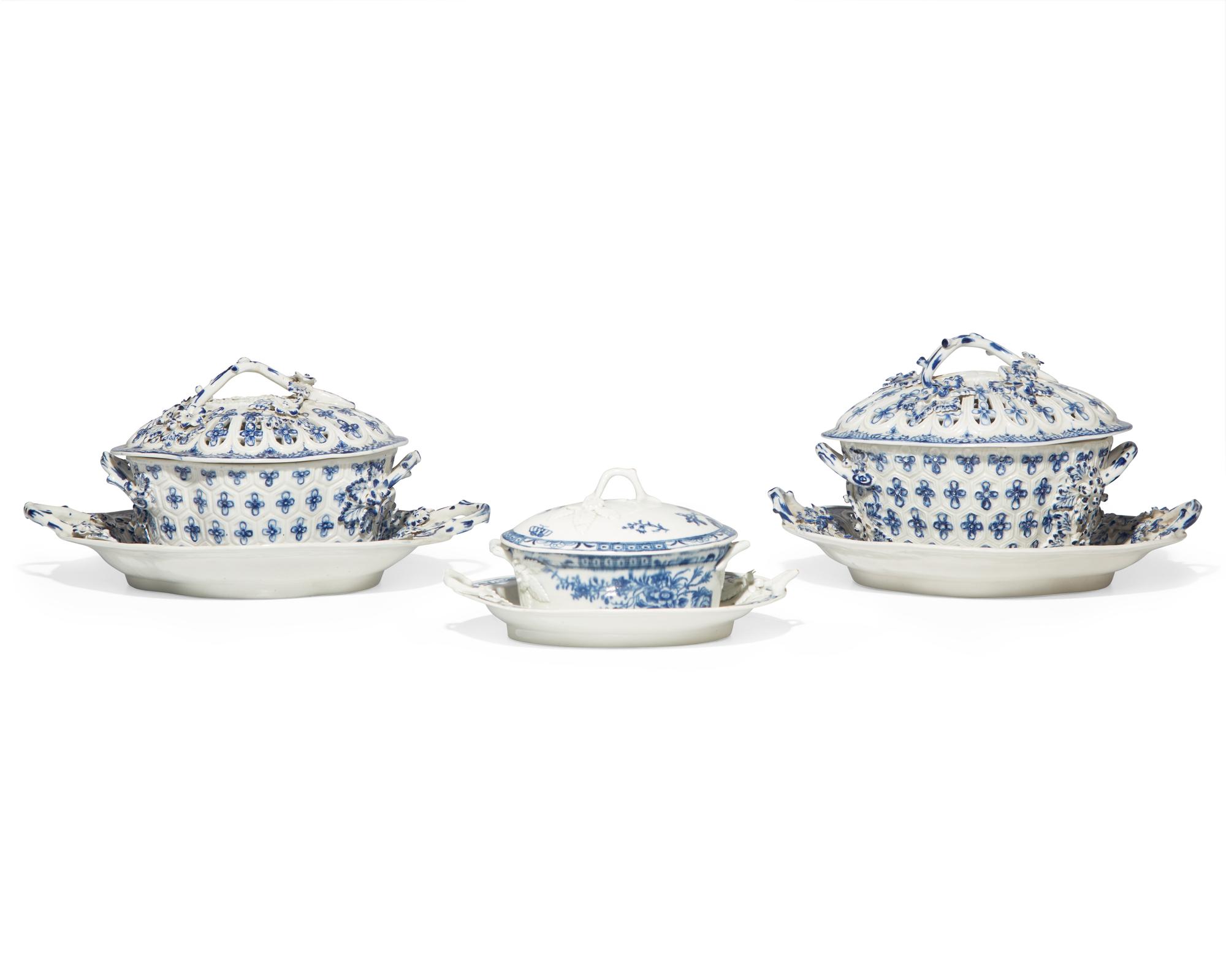 Three Worcester Soft-Paste Porcelain Covered Tureens and Stands