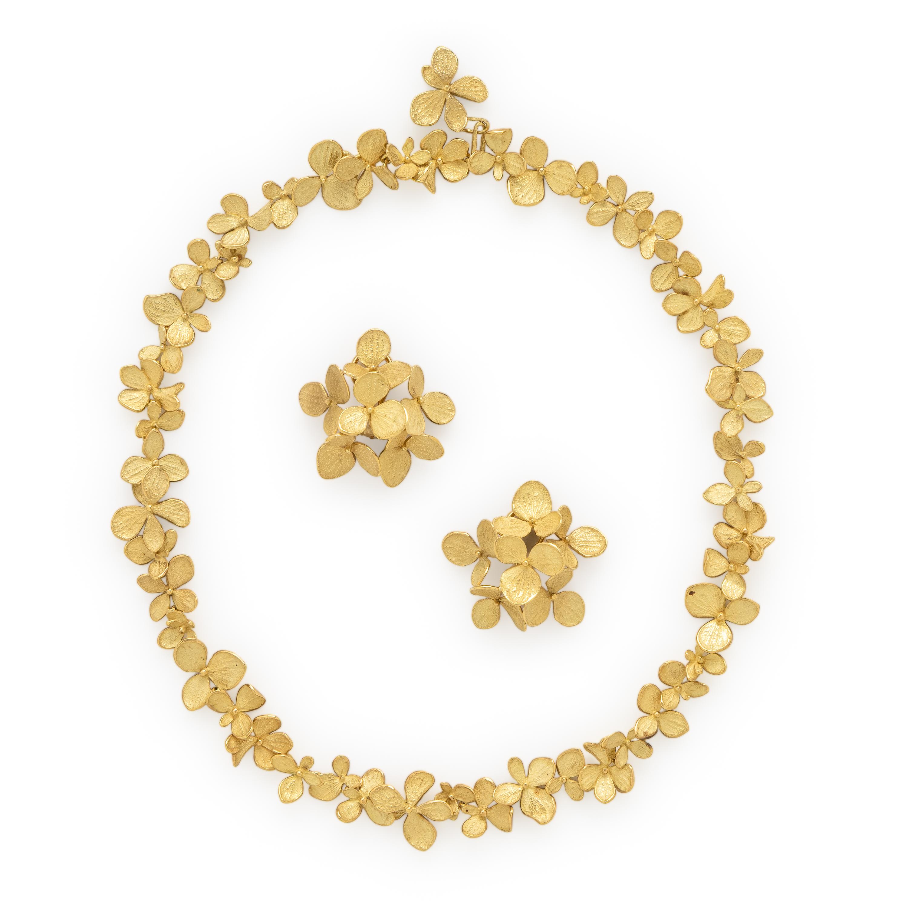 John Iversen, 'Hydrangea', Yellow Gold Earrings and Necklace