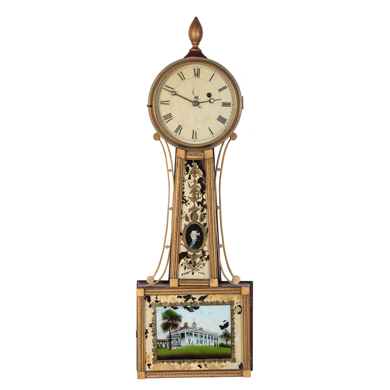A Federal Eglomise Inset, Parcel Gilt George Washington and Mount Vernon Decorated Banjo Clock