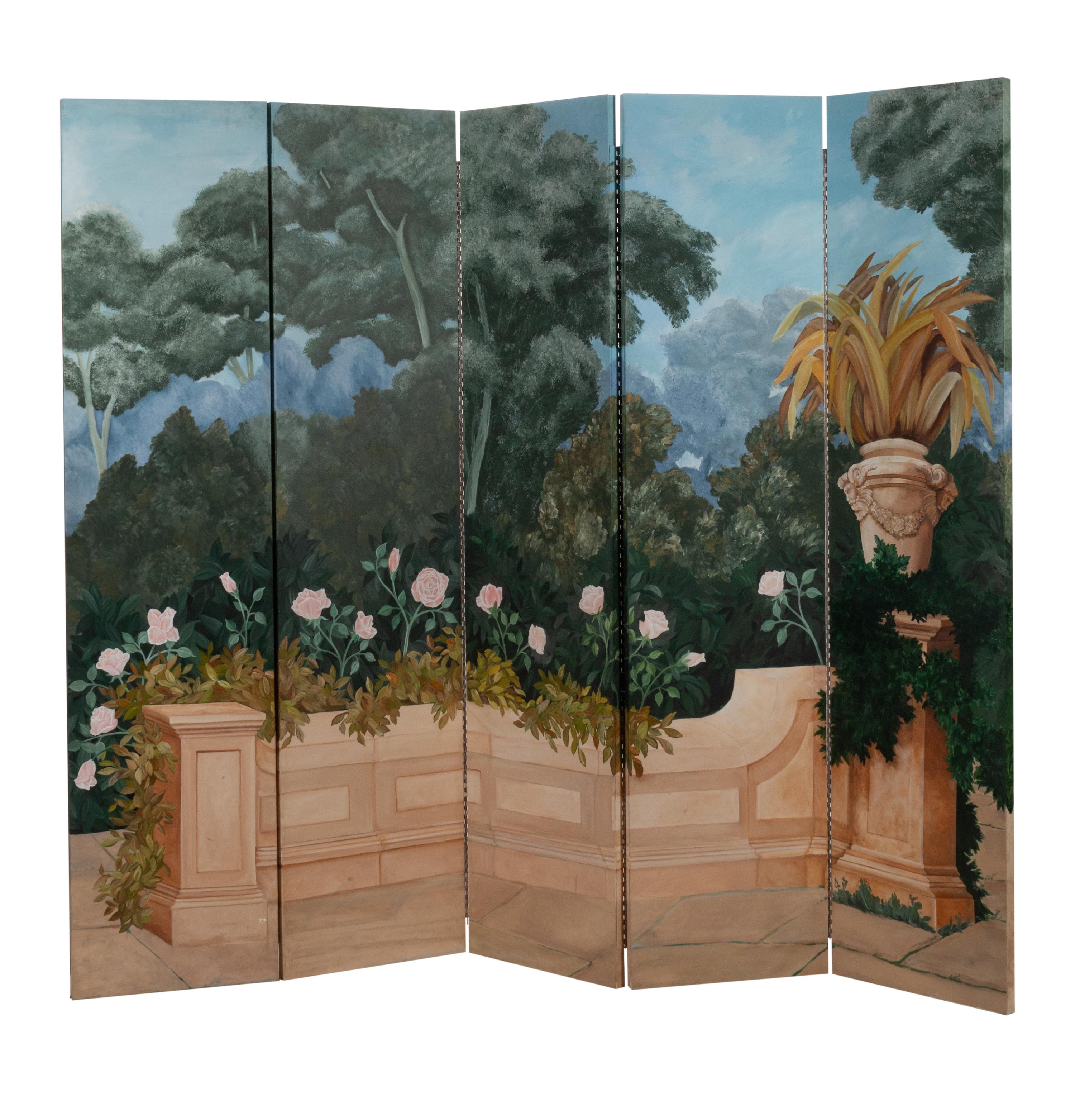 A Continental Painted Canvas Ten-Panel Floor Screen