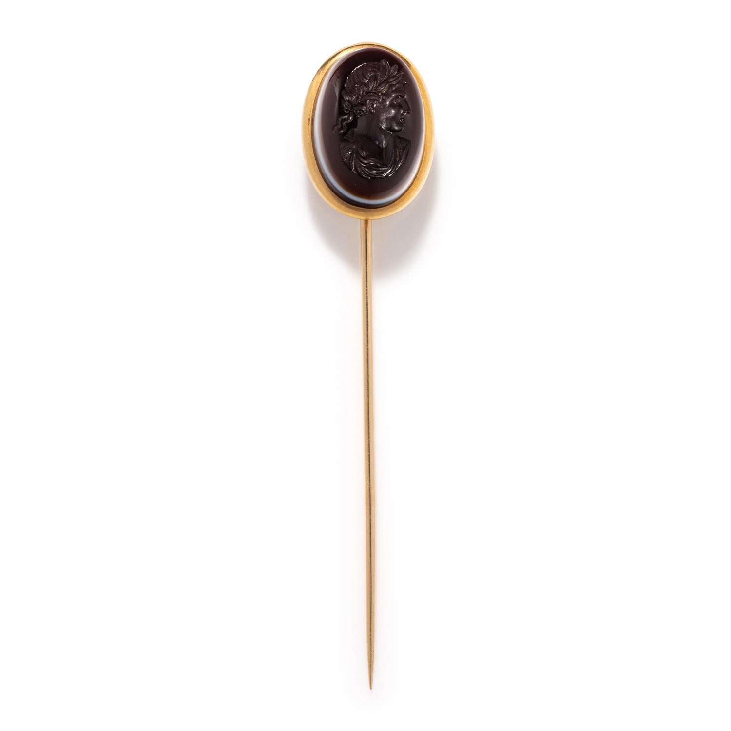 A Neoclassical Banded Agate and Gold Stickpin with a Roman Emperor
