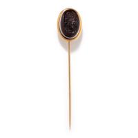 A Neoclassical Banded Agate and Gold Stickpin with a Roman Emperor