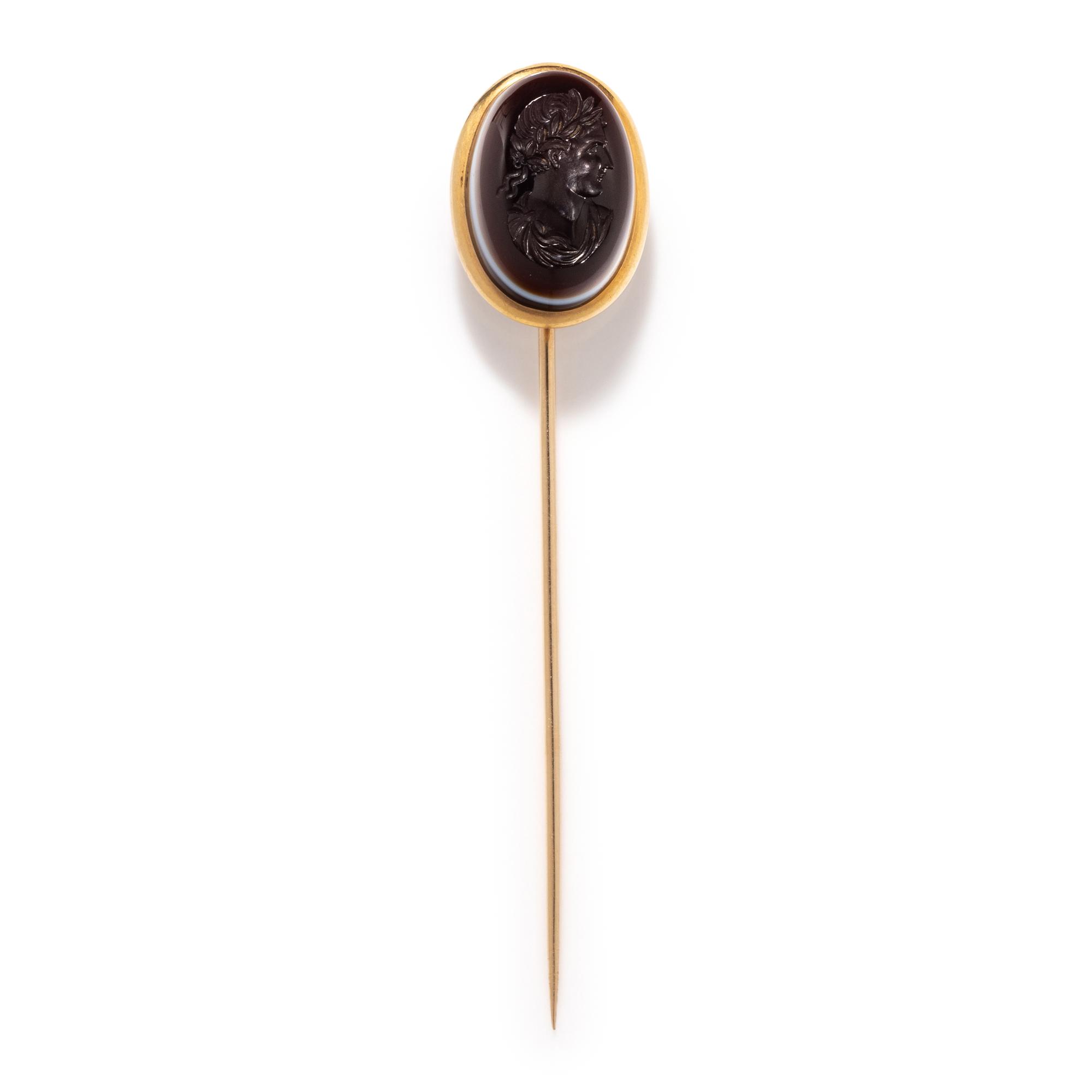 A Neoclassical Banded Agate and Gold Stickpin with a Roman Emperor