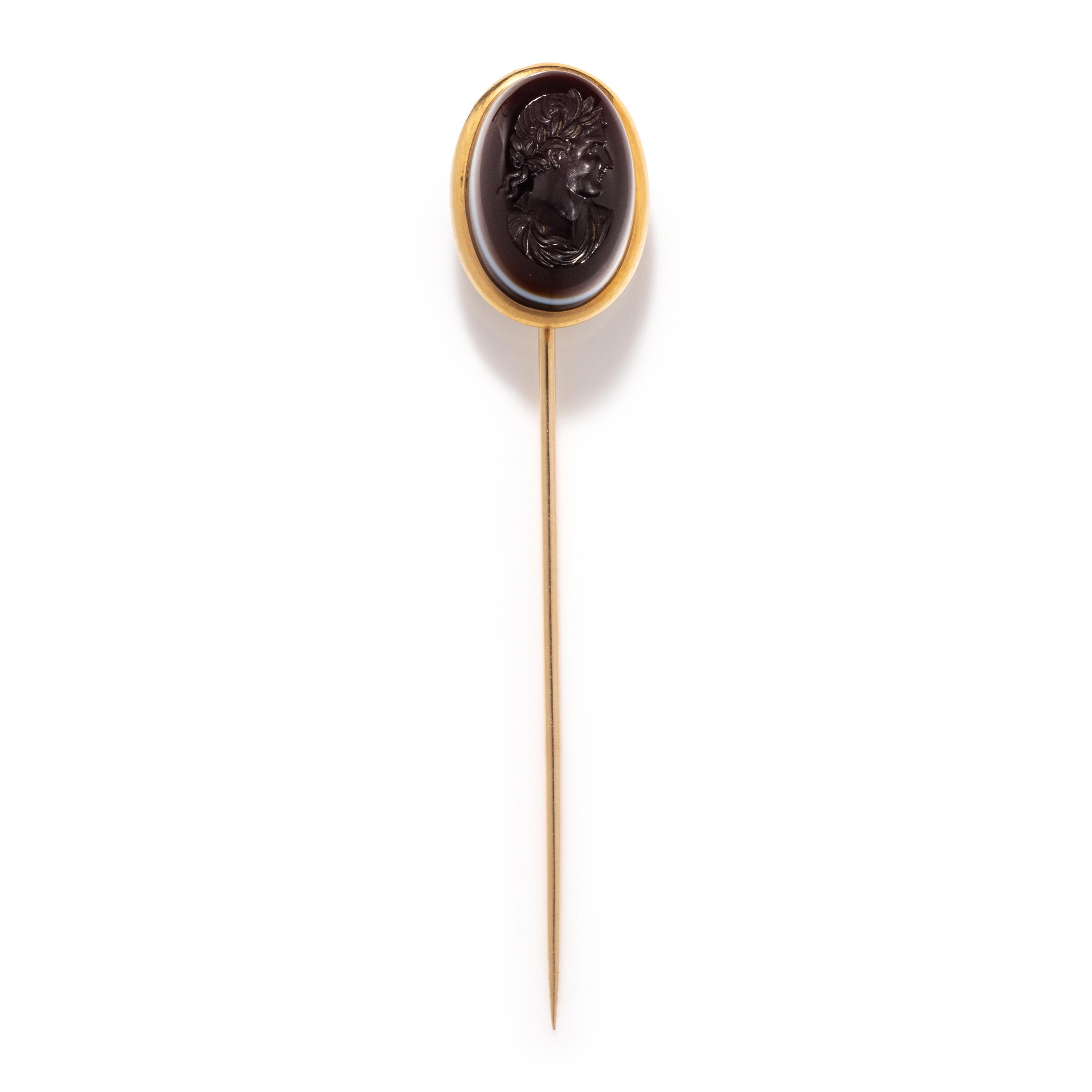 A Neoclassical Banded Agate and Gold Stickpin with a Roman Emperor