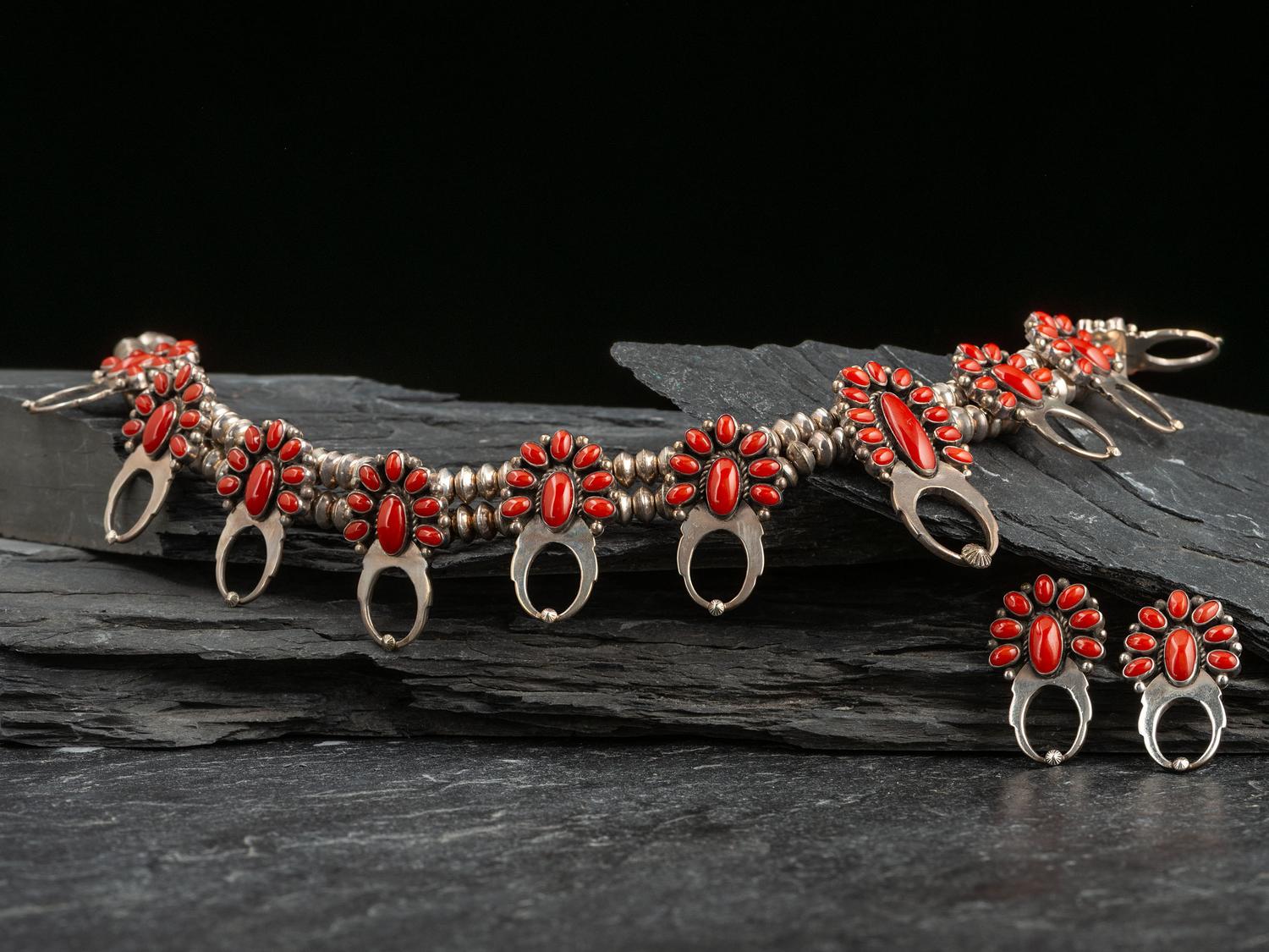 Navajo or Zuni Coral Cluster Squash Blossom Necklace and Matching Earrings