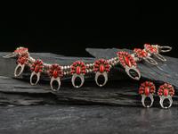 Navajo or Zuni Coral Cluster Squash Blossom Necklace and Matching Earrings