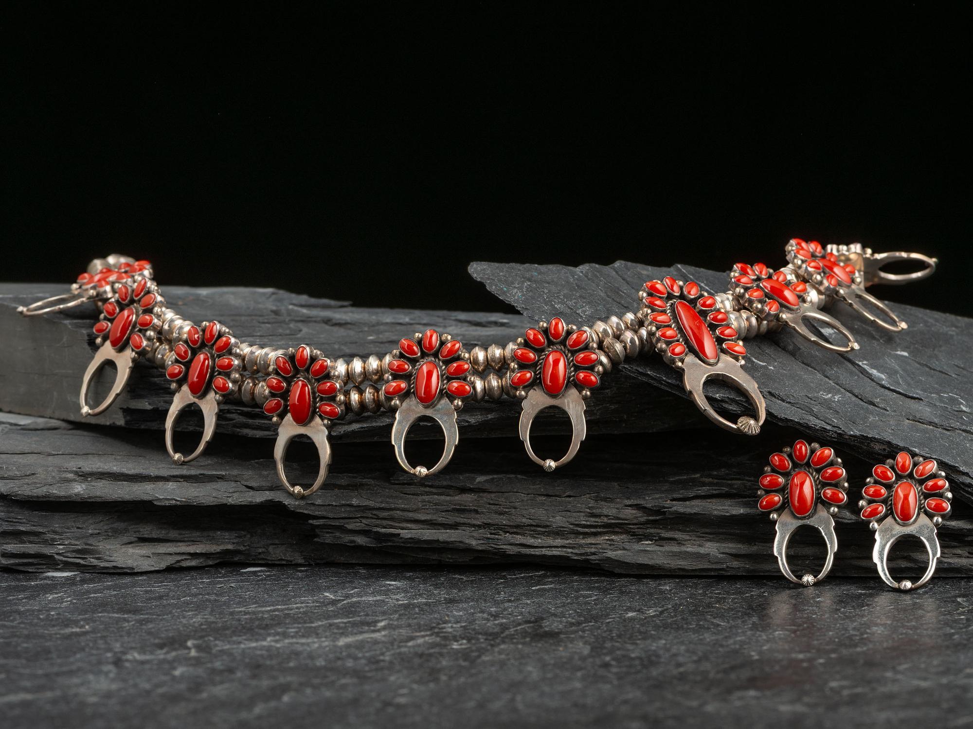 Navajo or Zuni Coral Cluster Squash Blossom Necklace and Matching Earrings