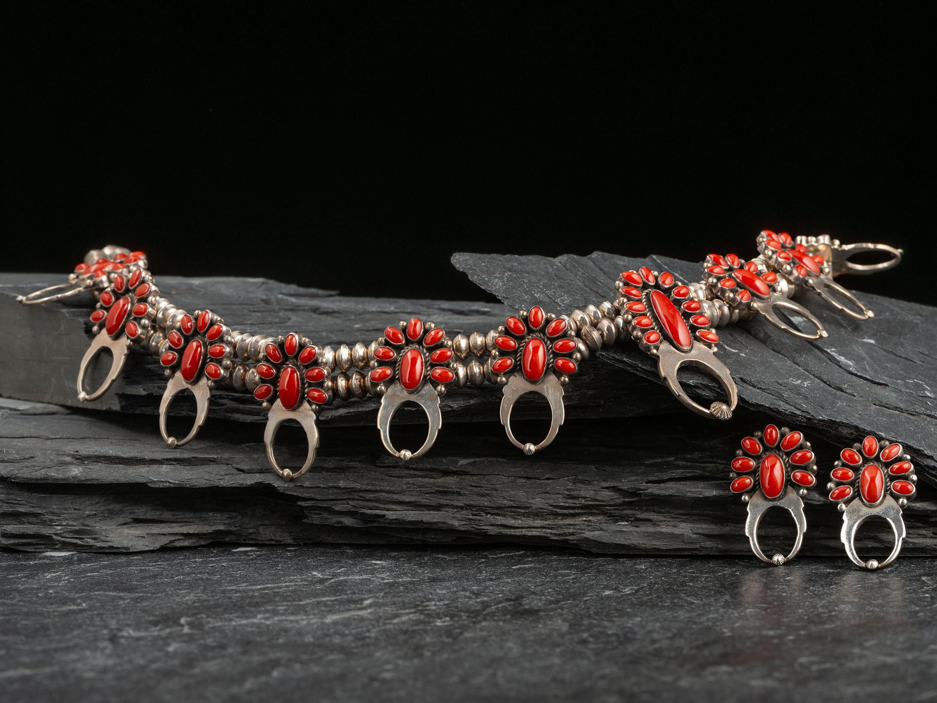 Navajo or Zuni Coral Cluster Squash Blossom Necklace and Matching Earrings