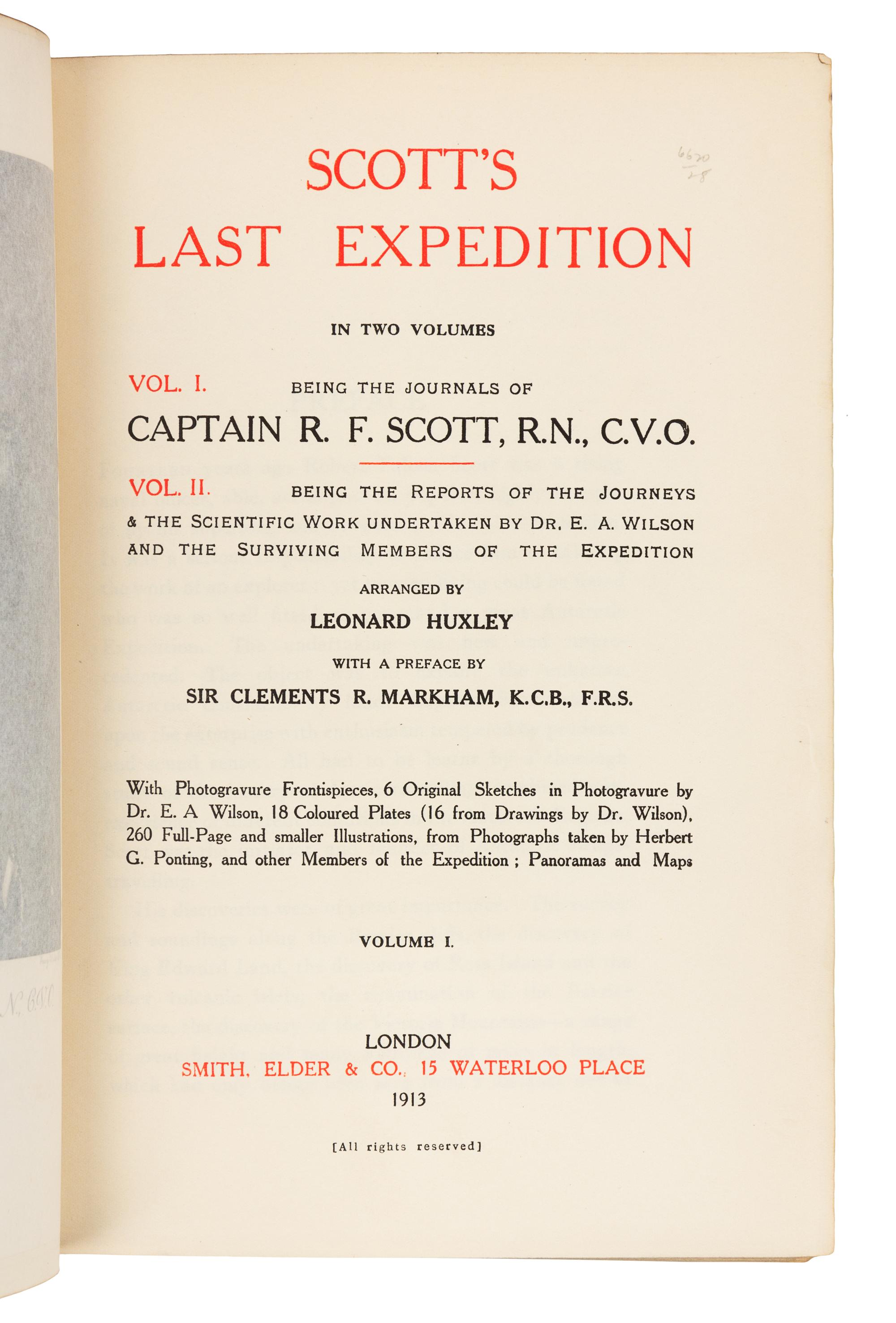 SCOTT, Robert Falcon, Captain (1868-1912). Scott's Last Expedition. In Two Volumes. London, 1913. FIRST EDITION.