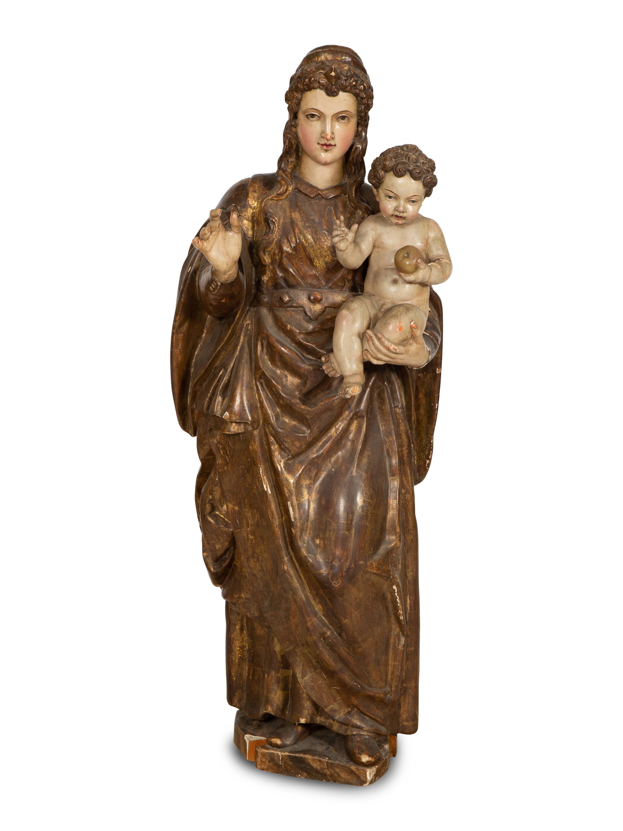A Continental Carved and Polychrome Painted Madonna and Child