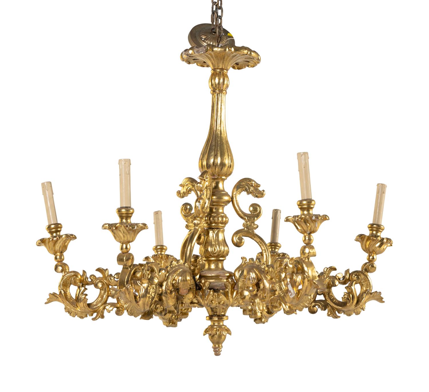 A Louis XV Style Giltwood Six-Light Chandelier