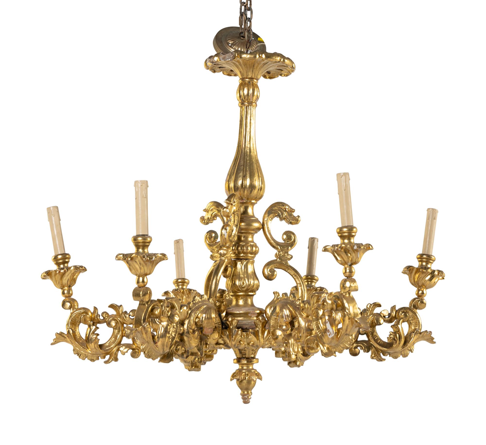 A Louis XV Style Giltwood Six-Light Chandelier