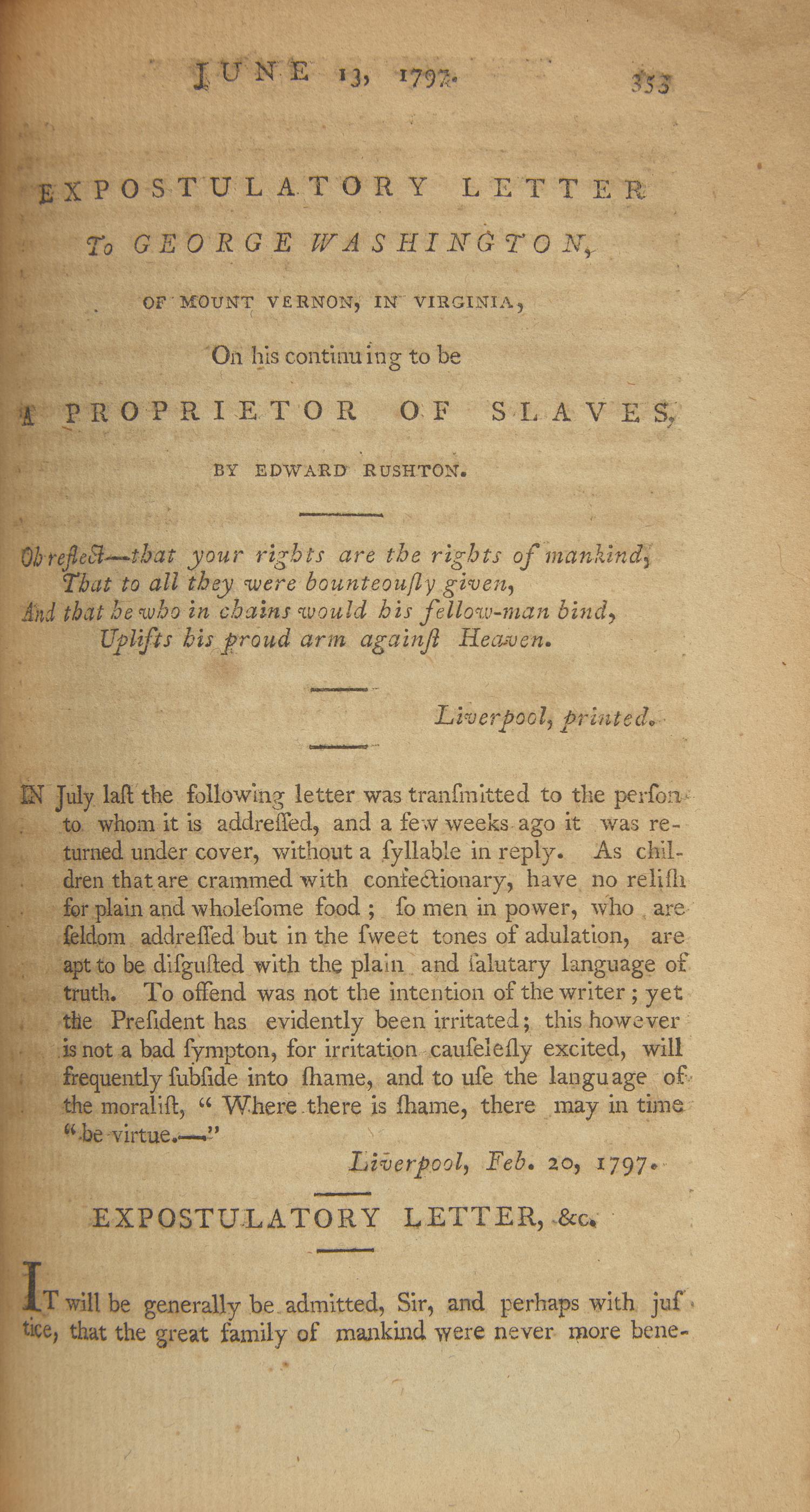 [Washington, George] A Lengthy Lifetime Attack on President Washington for Being a Slaveholder, 1797