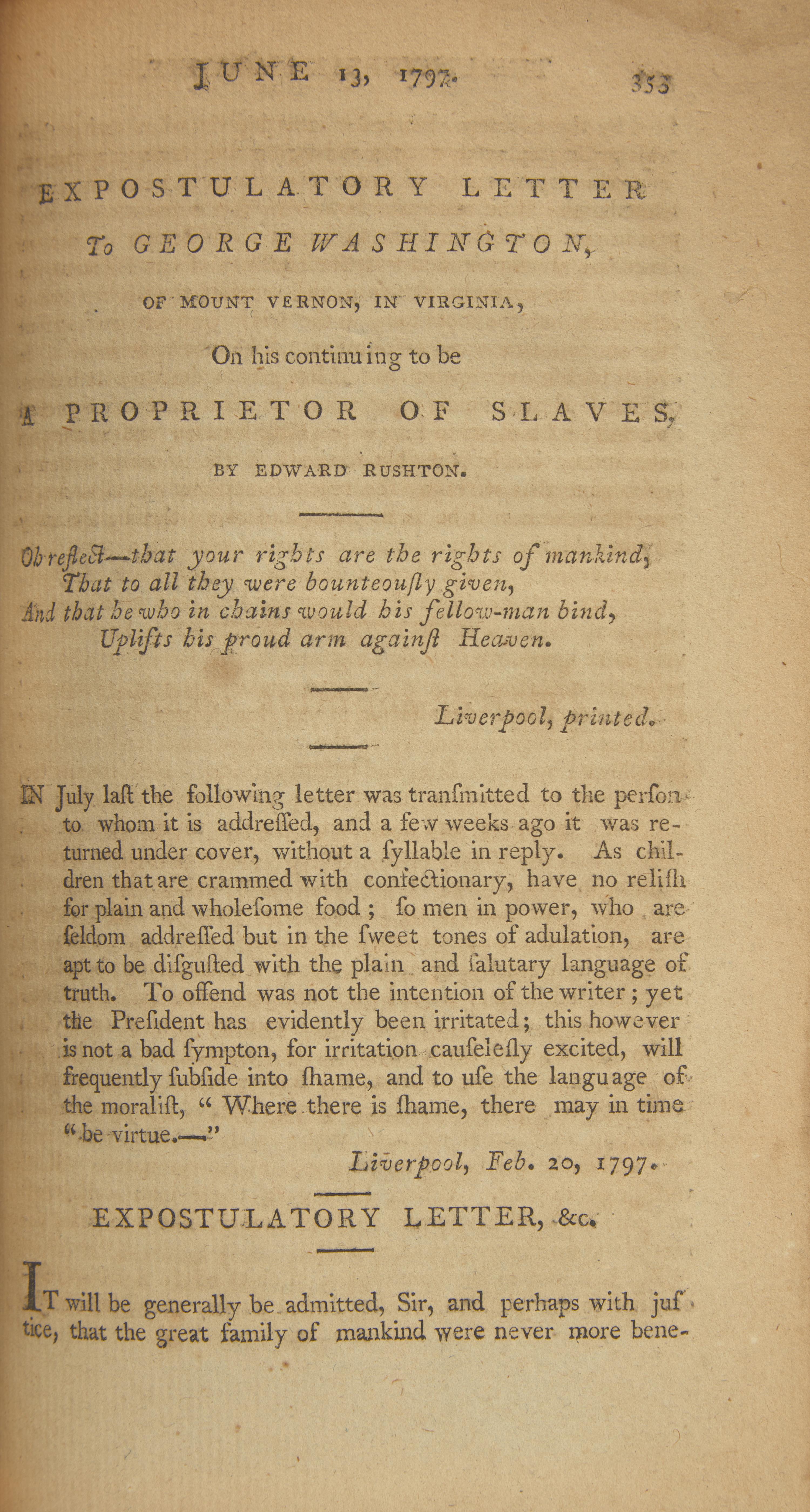 [Washington, George] A Lengthy Lifetime Attack on President Washington for Being a Slaveholder, 1797