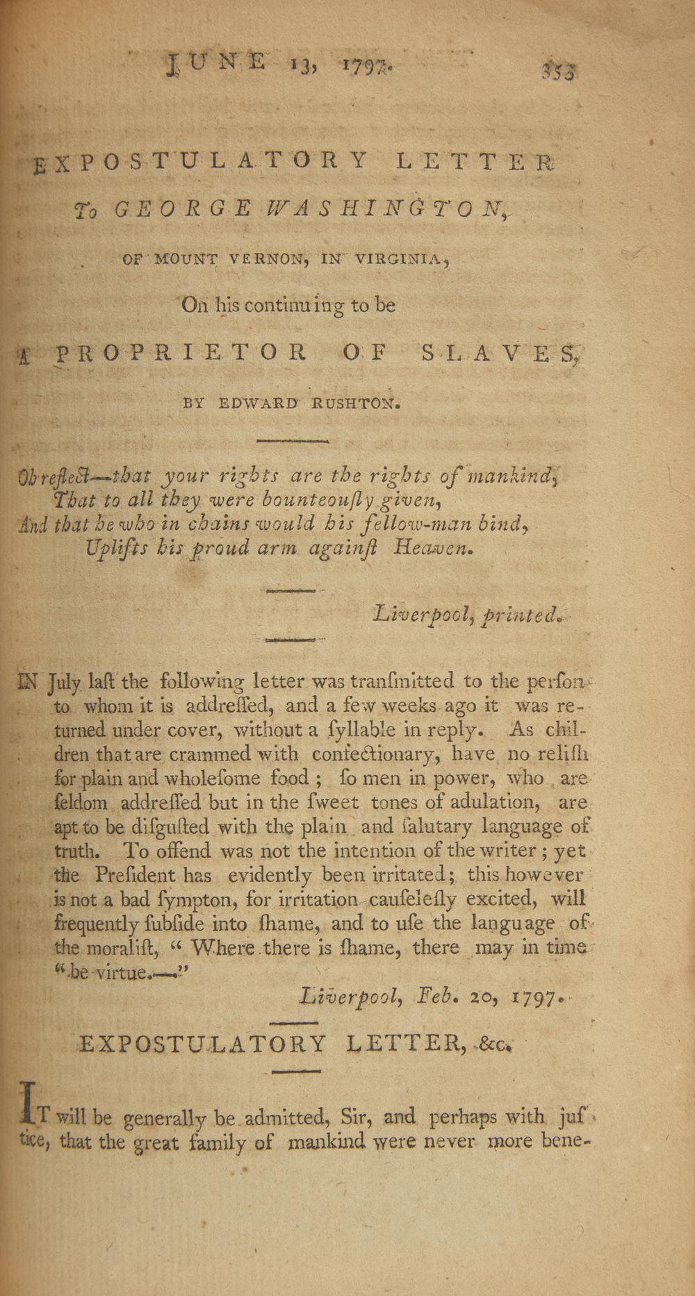 [Washington, George] A Lengthy Lifetime Attack on President Washington for Being a Slaveholder, 1797