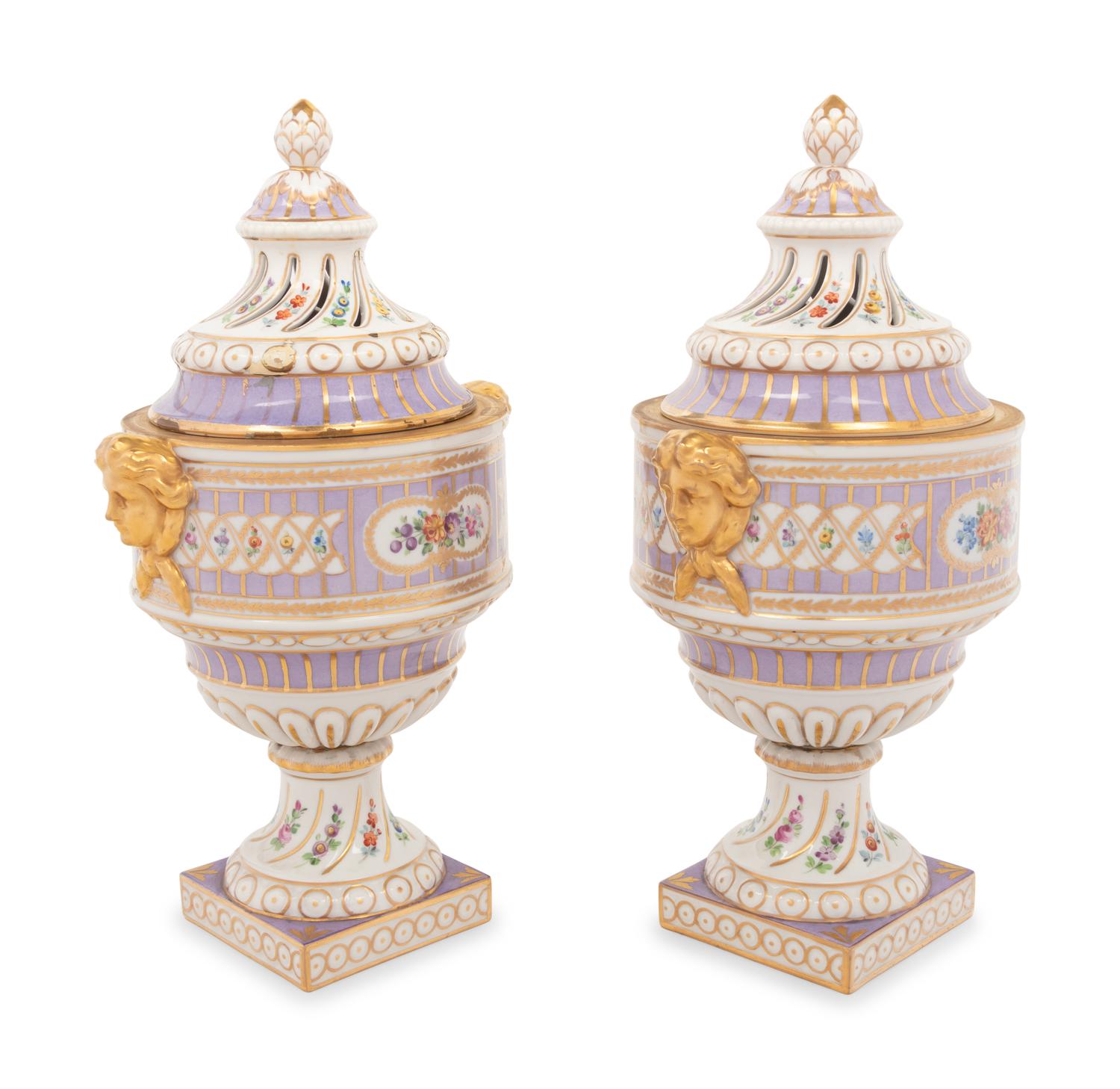 A Pair of Dresden Porcelain Urns