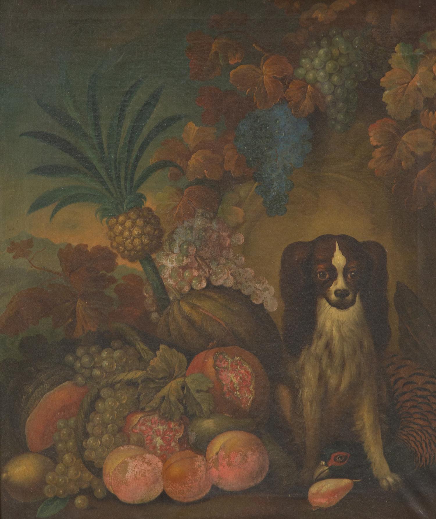 King Charles Spaniel with Tropical Fruit in a Landscape