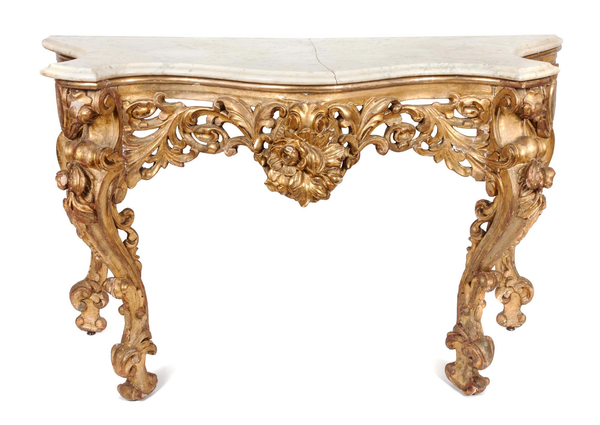 A Louis XV Style Giltwood Console Table Height 32 x width 51 x depth 20 inches.