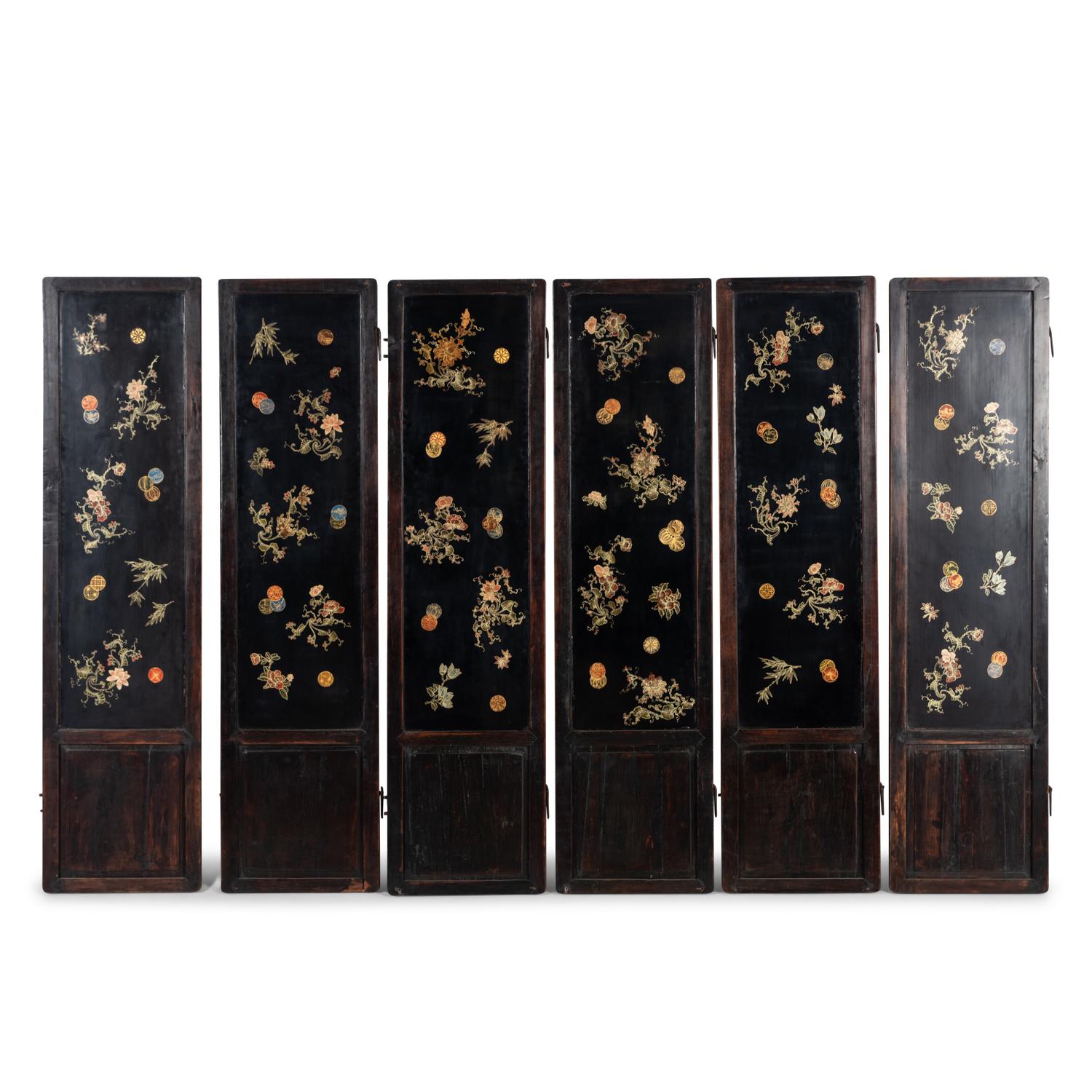 A Chinese Hardstone Mounted Six-Panel Floor Screen, 20th Century — 近代 黑漆地硬木嵌寳六扇屏