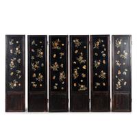 A Chinese Hardstone Mounted Six-Panel Floor Screen, 20th Century — 近代 黑漆地硬木嵌寳六扇屏
