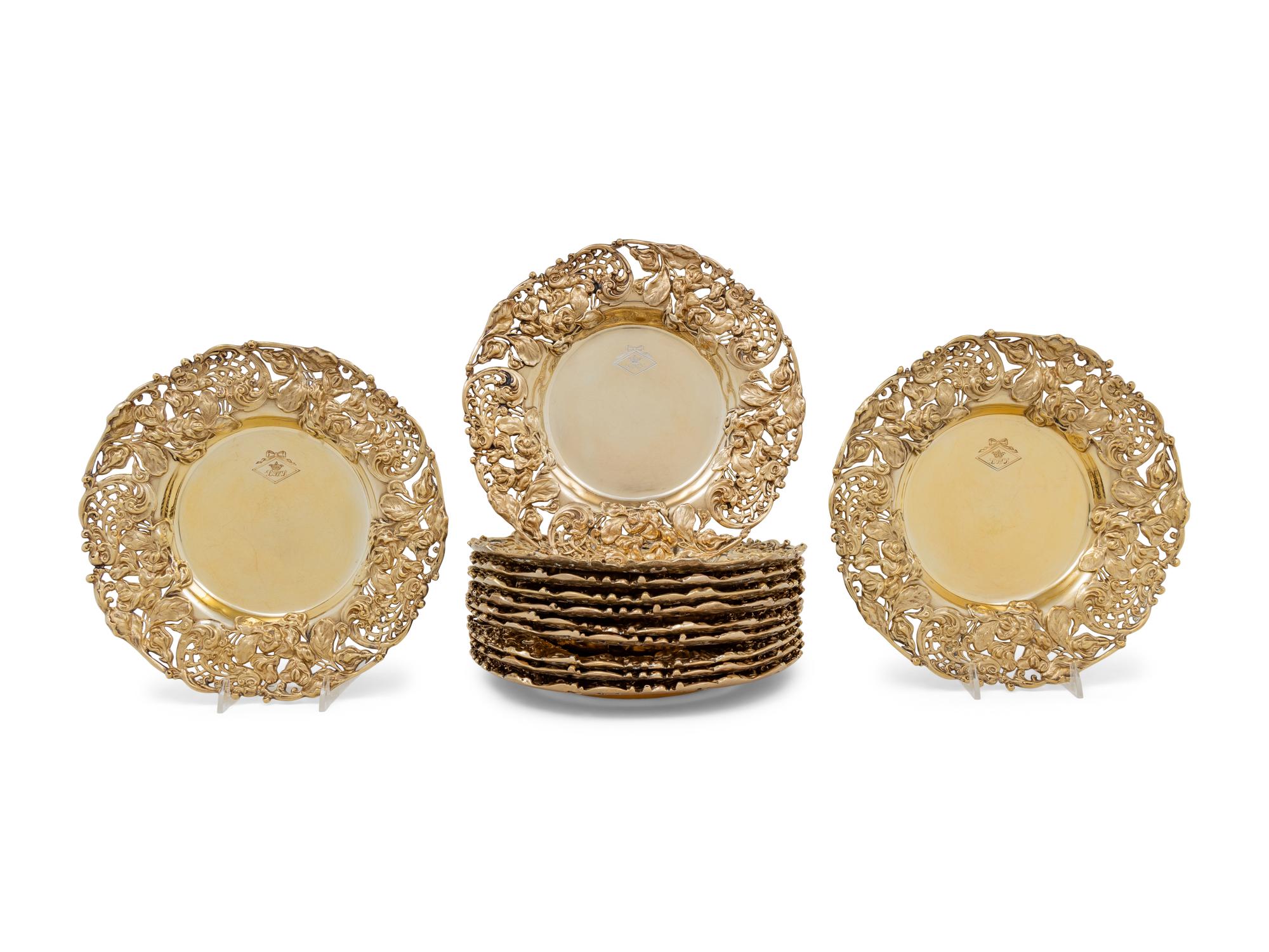 A Set of Eleven American Silver-Gilt Reticulated Plates