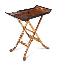 A Victorian Part Ebonized Tray Table on a Faux Bamboo Stand