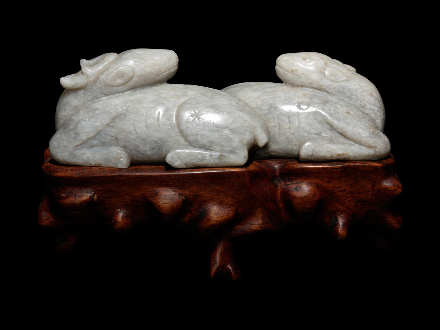 A Mottled Grey Jade Carving of Double Deers