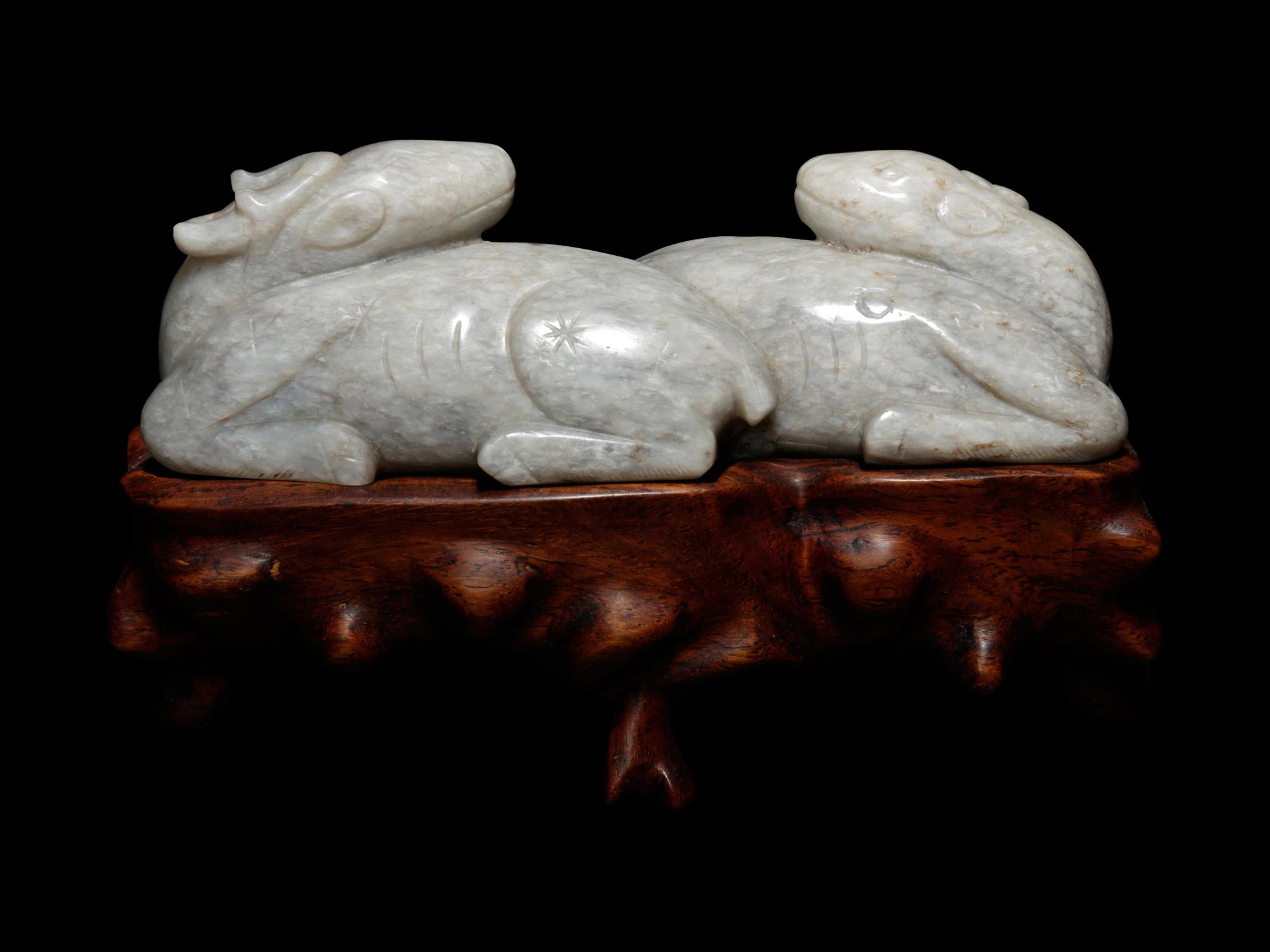 A Mottled Grey Jade Carving of Double Deers