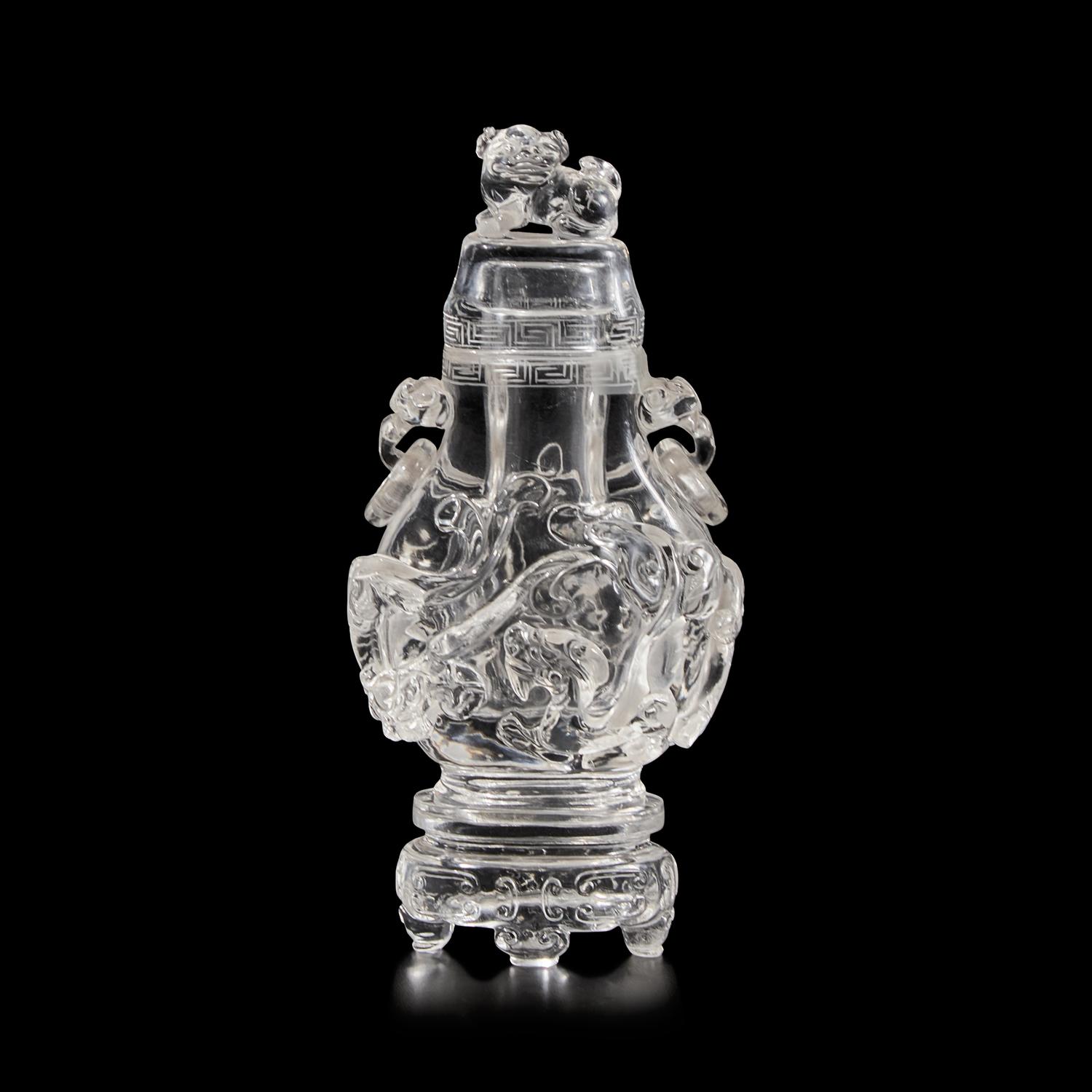 A Chinese Rock Crystal Vase, Cover, and Stand, 19th Century 清晚期 水晶雕螭龍雙耳瓶