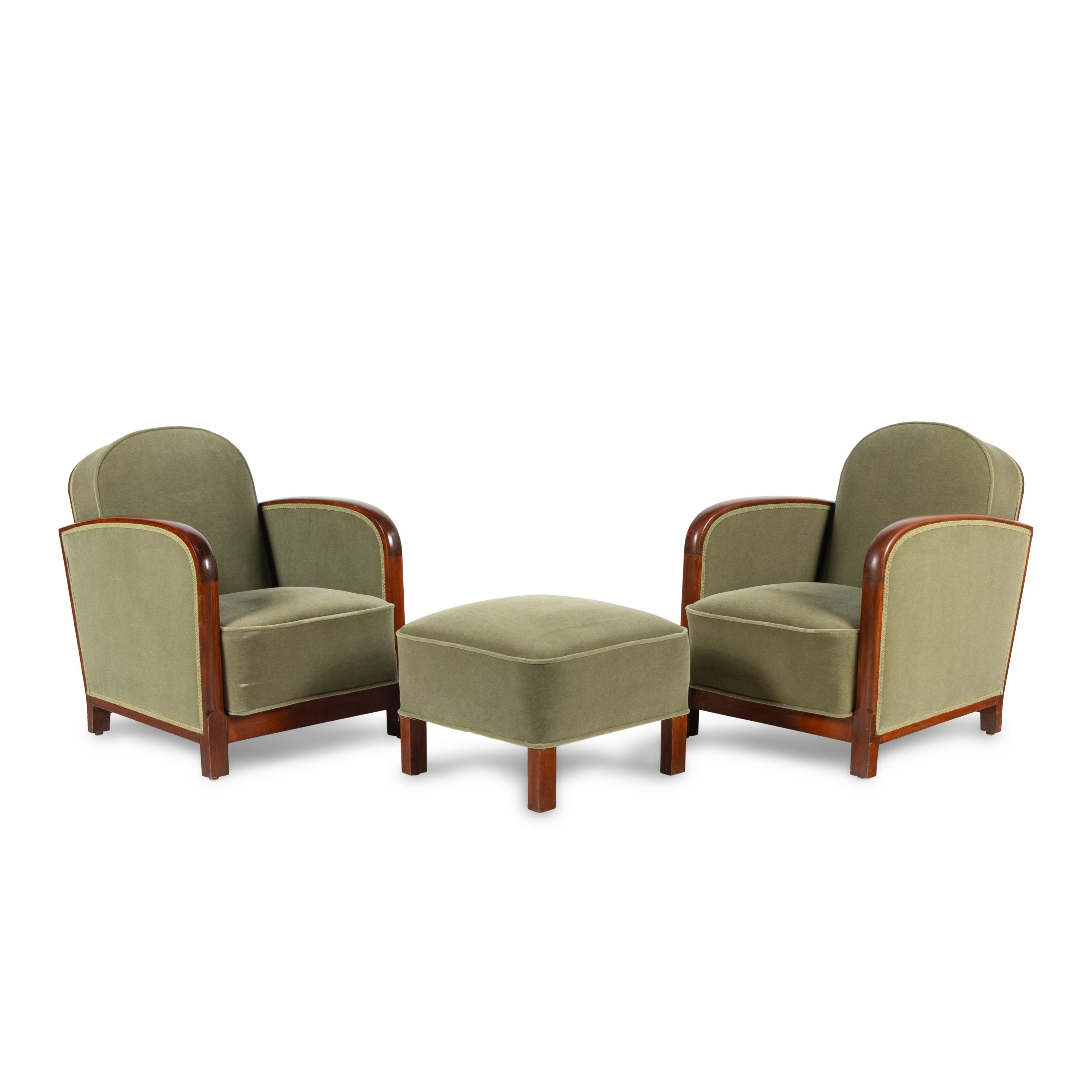 A Pair of Art Deco Armchairs and Stool