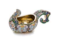 A Russian Enameled Silver Kovsh, Mark of Fedor Ruckert, Moscow, Late 19th/Early 20th Century, the body decorated with polychrome foliat