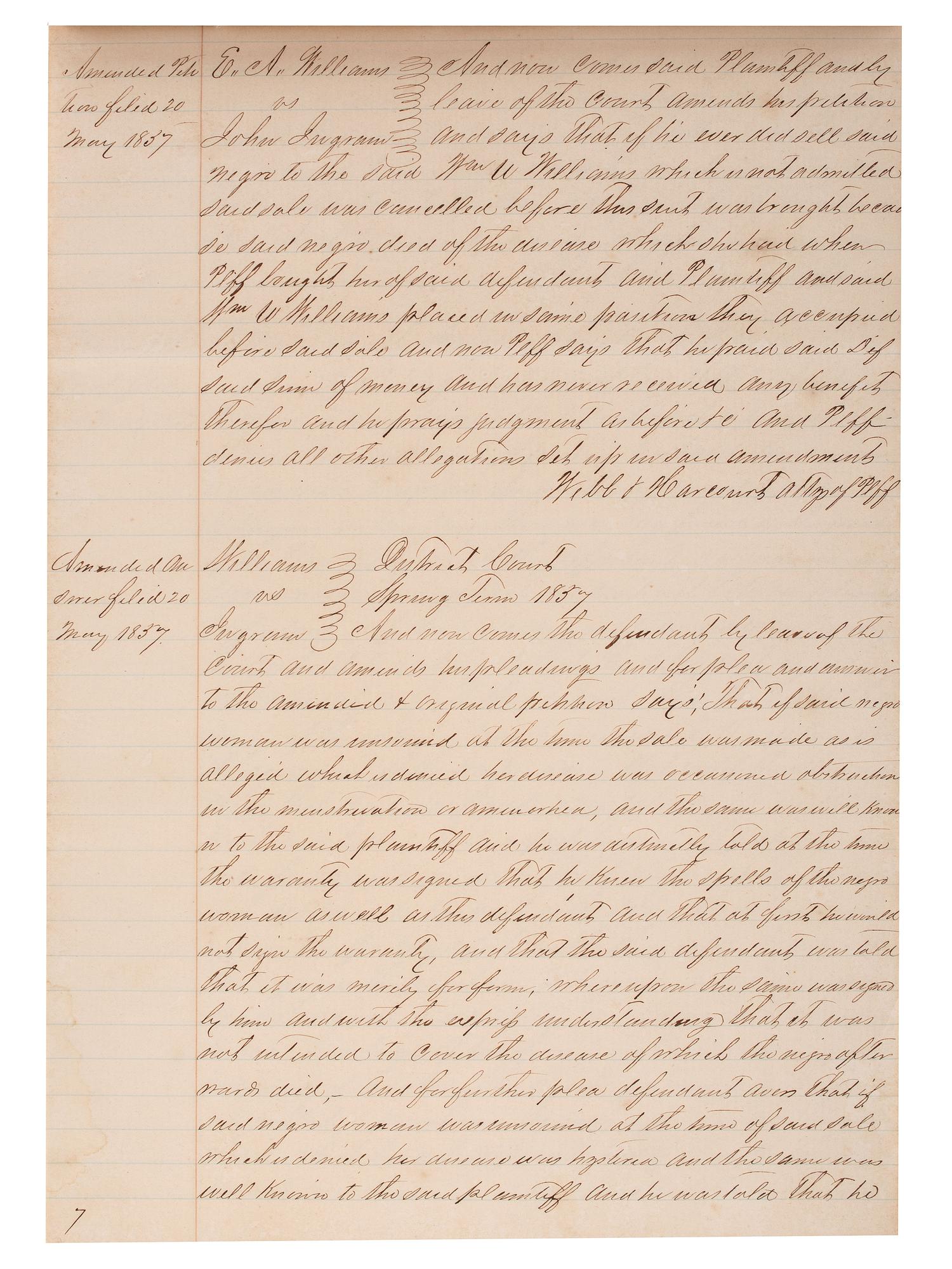 [SLAVERY & ABOLITION]. Manuscript court document related to the sale of an enslaved woman named "Frances," Fayette County, TX, 1857.