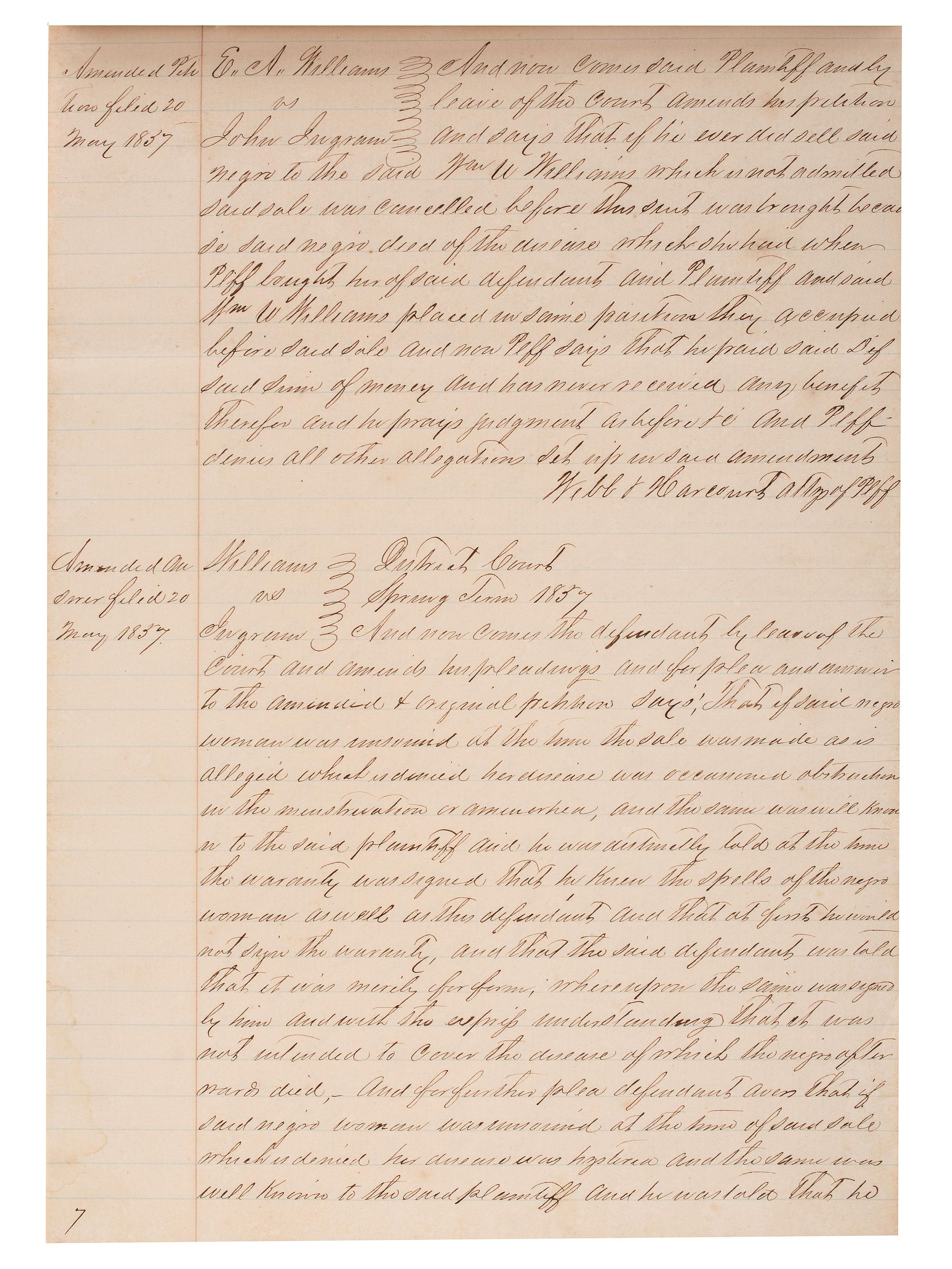 [SLAVERY & ABOLITION]. Manuscript court document related to the sale of an enslaved woman named "Frances," Fayette County, TX, 1857.