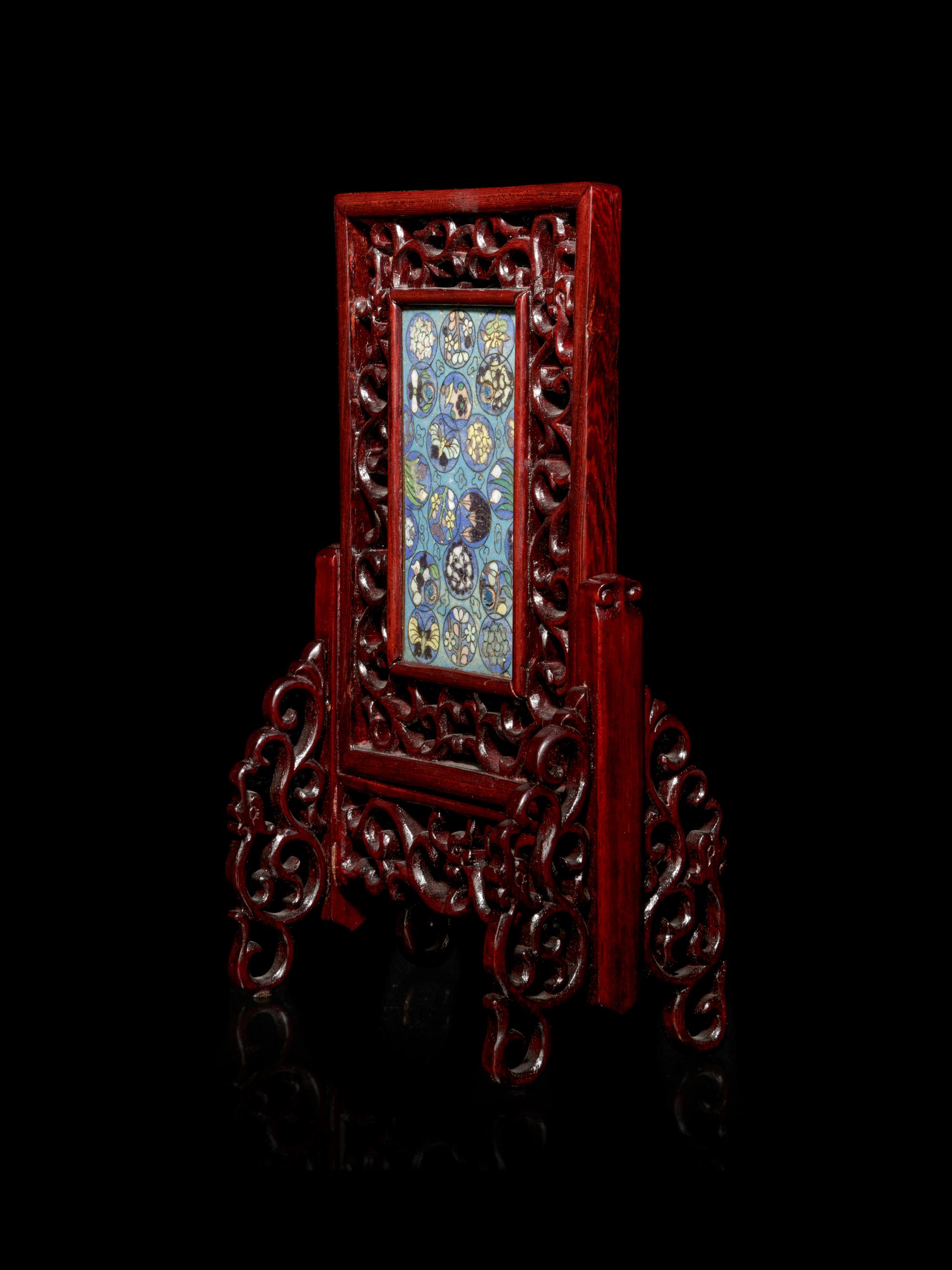 A Small Cloisonné Enamel Inset Rosewood Table Screen